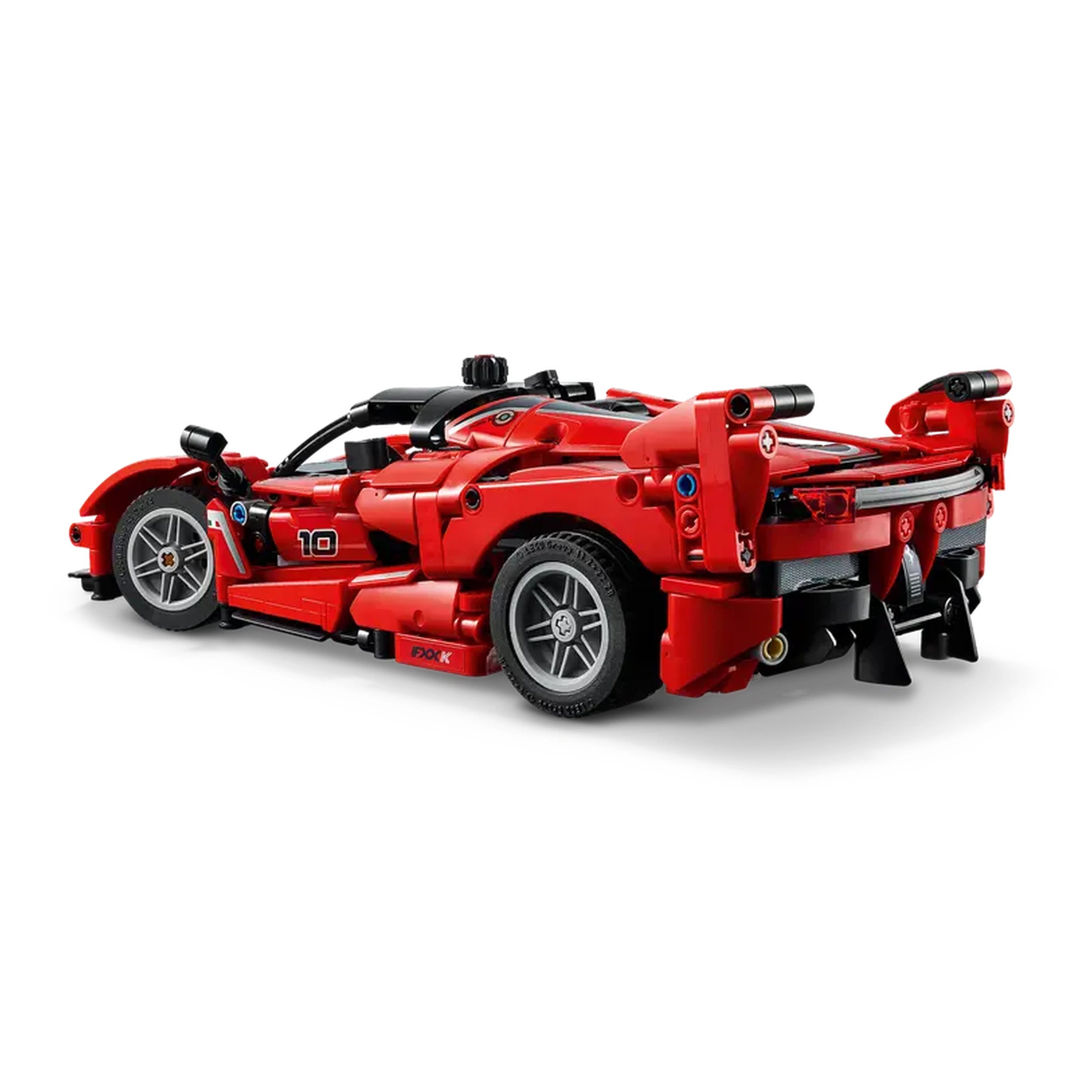 Red LEGO Ferrari FXX K model car kit with detailed features, including butterfly doors, visible wheels, and sleek design, displayed from the rear.