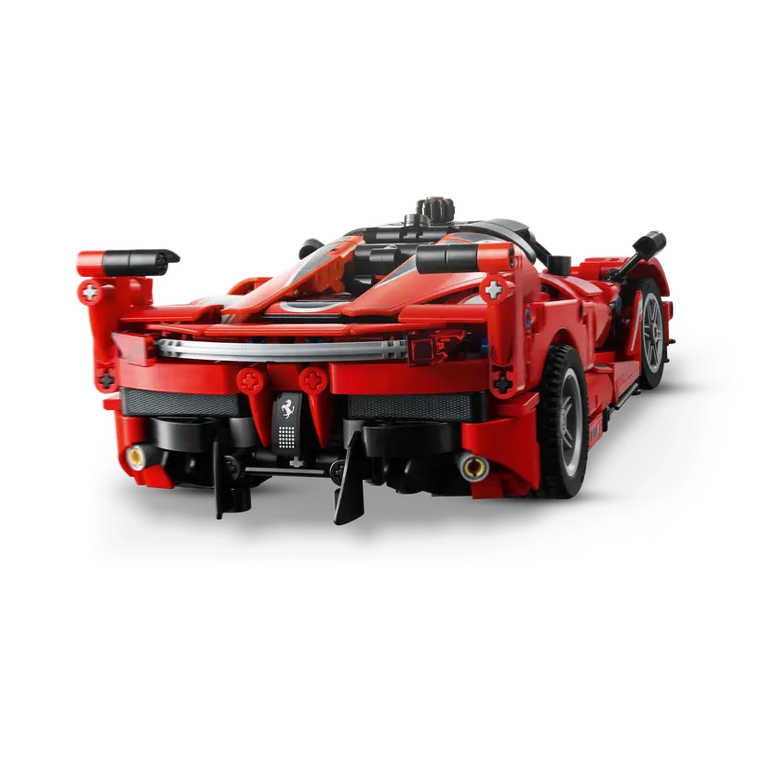 LEGO Ferrari FXX K model car kit displayed from the rear, showcasing its vibrant red color, intricate details, and realistic design elements.