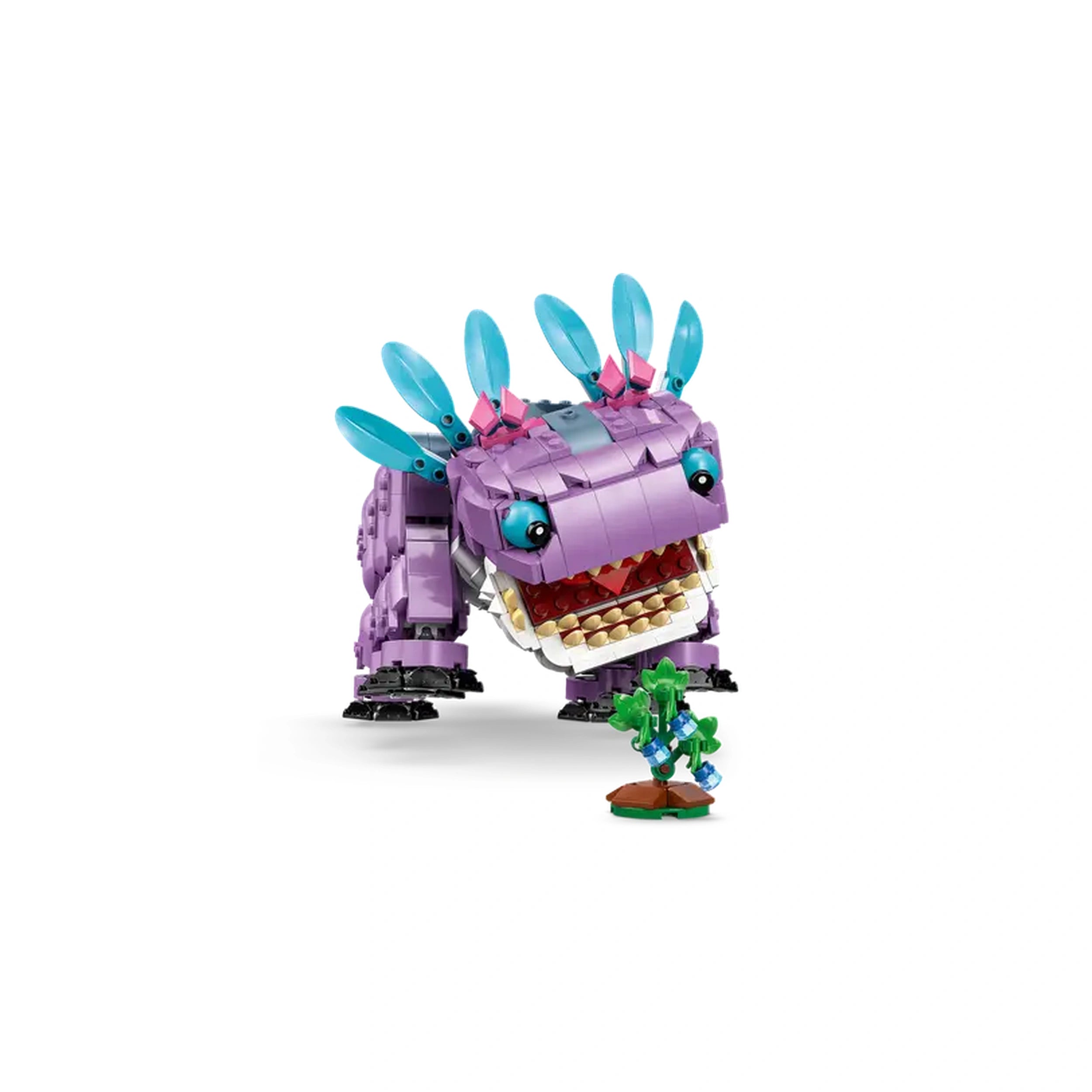 Bright purple LEGO Klombo character with blue accents, standing on four legs. In front, a small Klomberry bush with detachable berries.