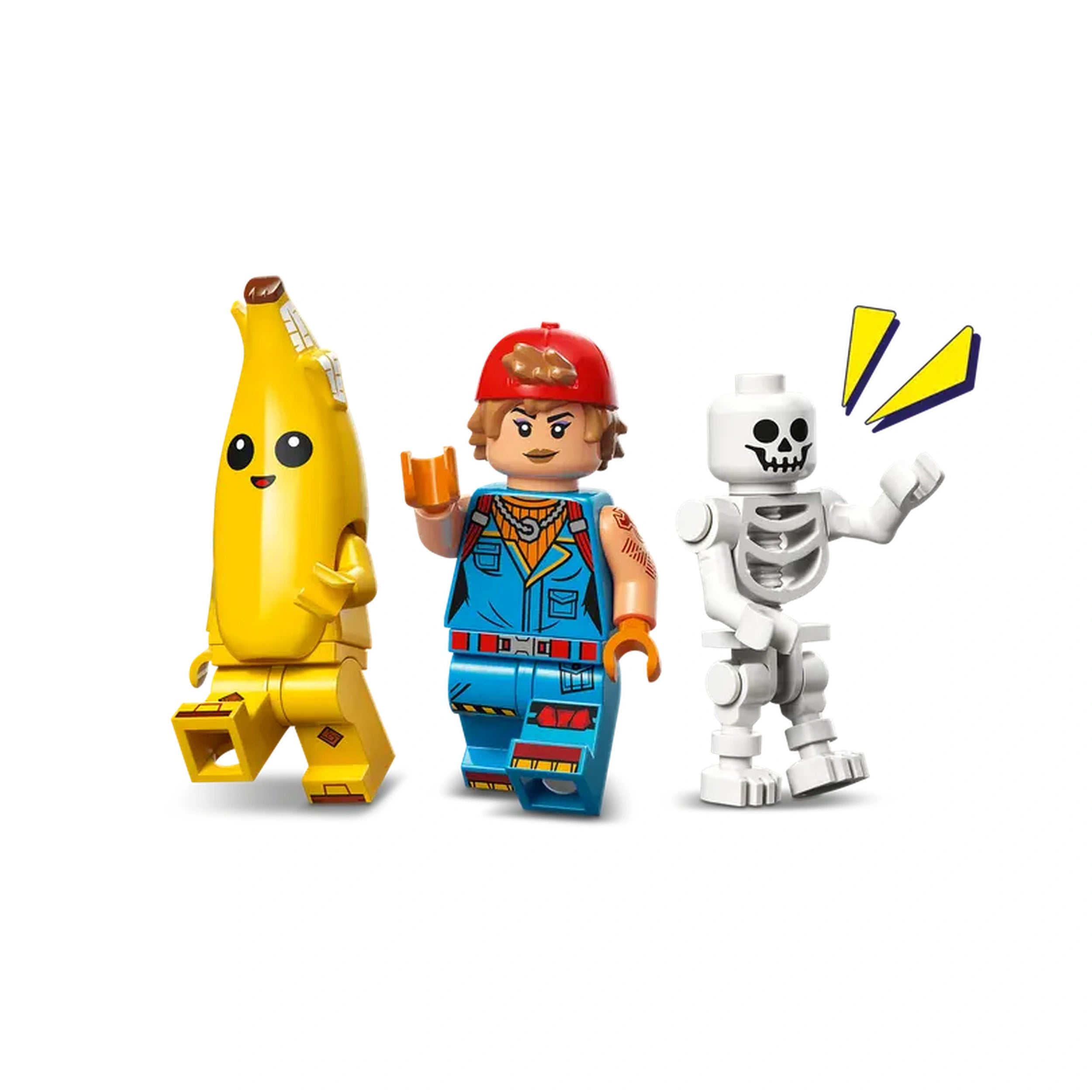 LEGO Fortnite figures: a smiling banana character, a boy with a red cap and blue outfit holding a drink, and a playful skeleton figure with comic-style exclamations.