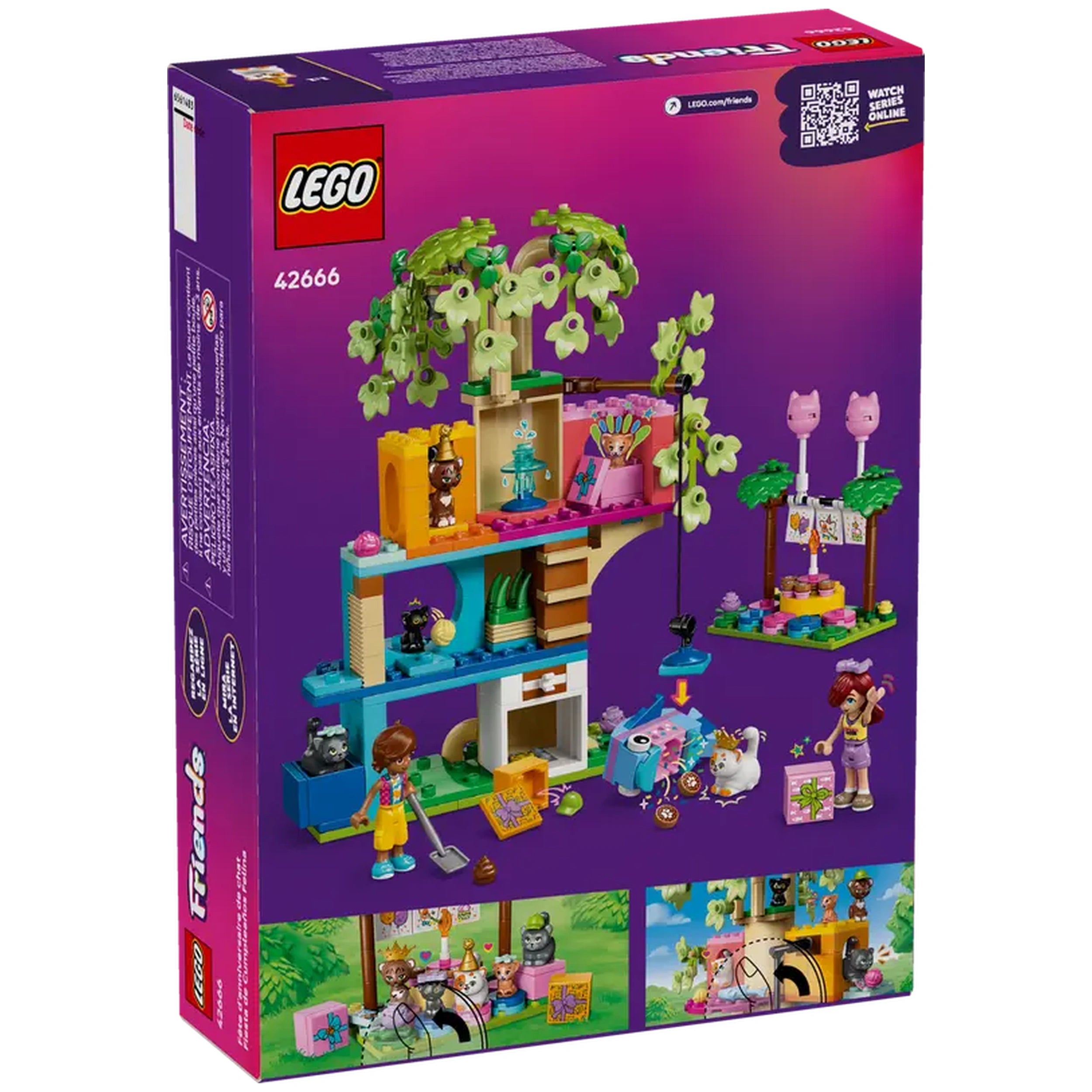 LEGO Friends Cat Birthday Party set featuring a colorful tree house with two minidolls, five cat figures, gifts, and balloons.