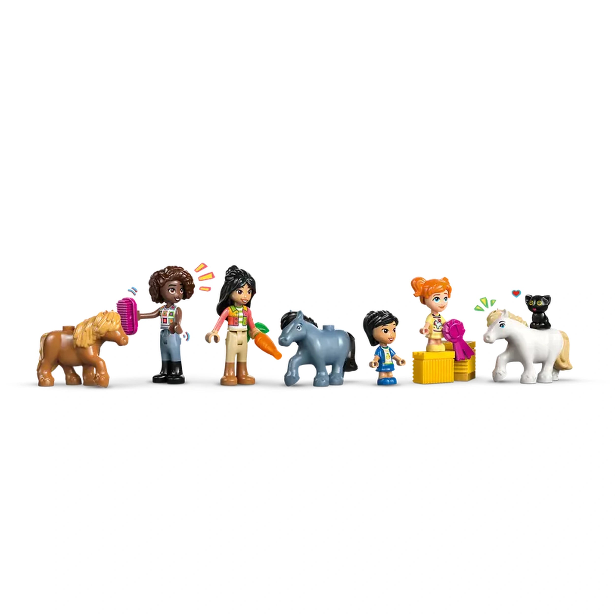 Four colorful characters with cheerful expressions interact with three adorable pony figures. One character brushes a brown pony, while another holds a carrot. A grey pony stands beside a character in a blue outfit, and a girl sits on yellow blocks next to a white pony. A playful black cat peeks from the white pony's back. The scene is lively and filled with fun, highlighting friendship and creative play.