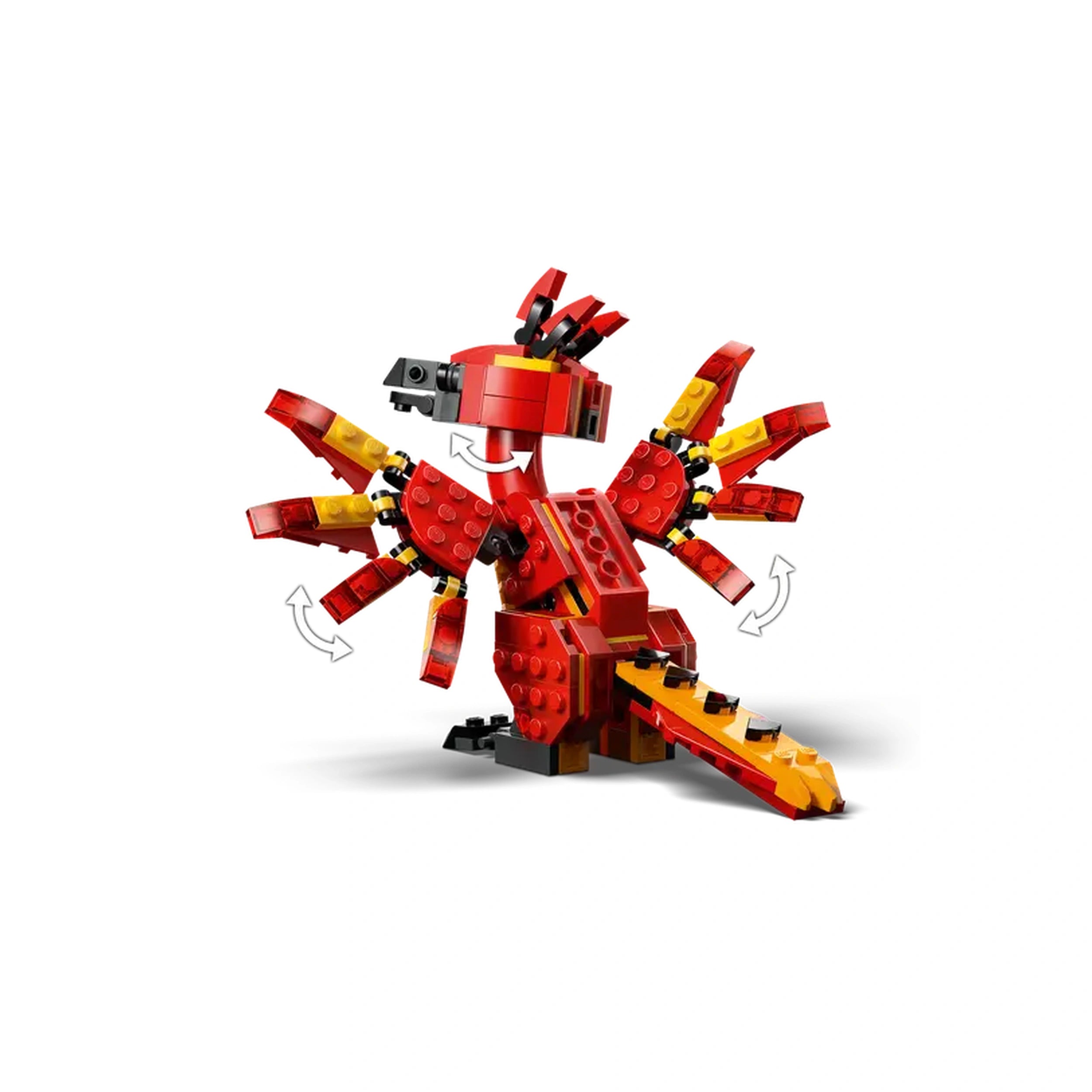 Highly posable LEGO Harry Potter Fawkes figure in vibrant red and yellow, featuring movable head, wings, and gripping talons, perched on a sturdy base.