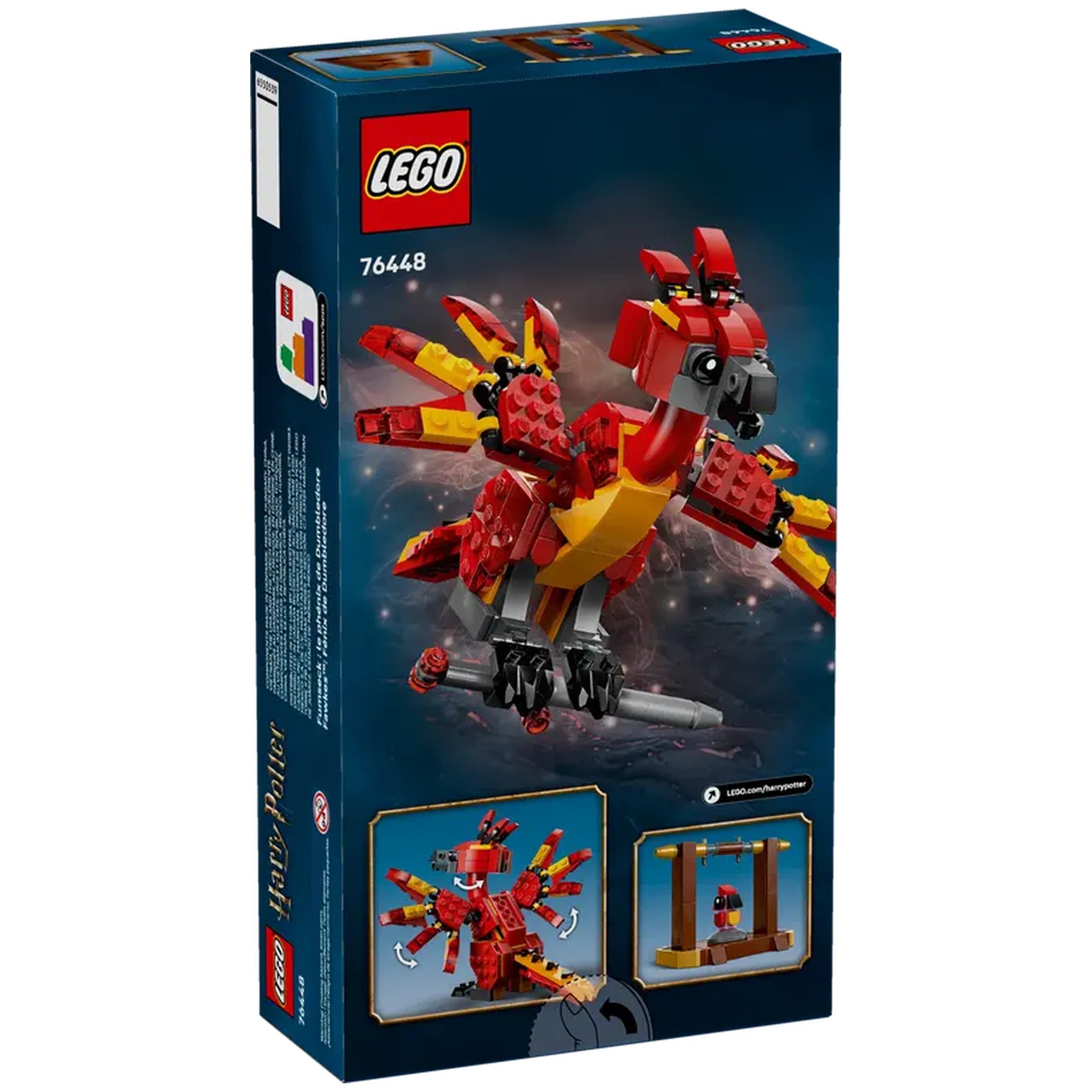LEGO Harry Potter Fawkes Dumbledore’s Phoenix construction set, featuring a vibrant red and yellow phoenix figure with movable wings and head, displayed against a magical background. The box includes images showcasing the figure's poseability and accessories like the Sword of Gryffindor.