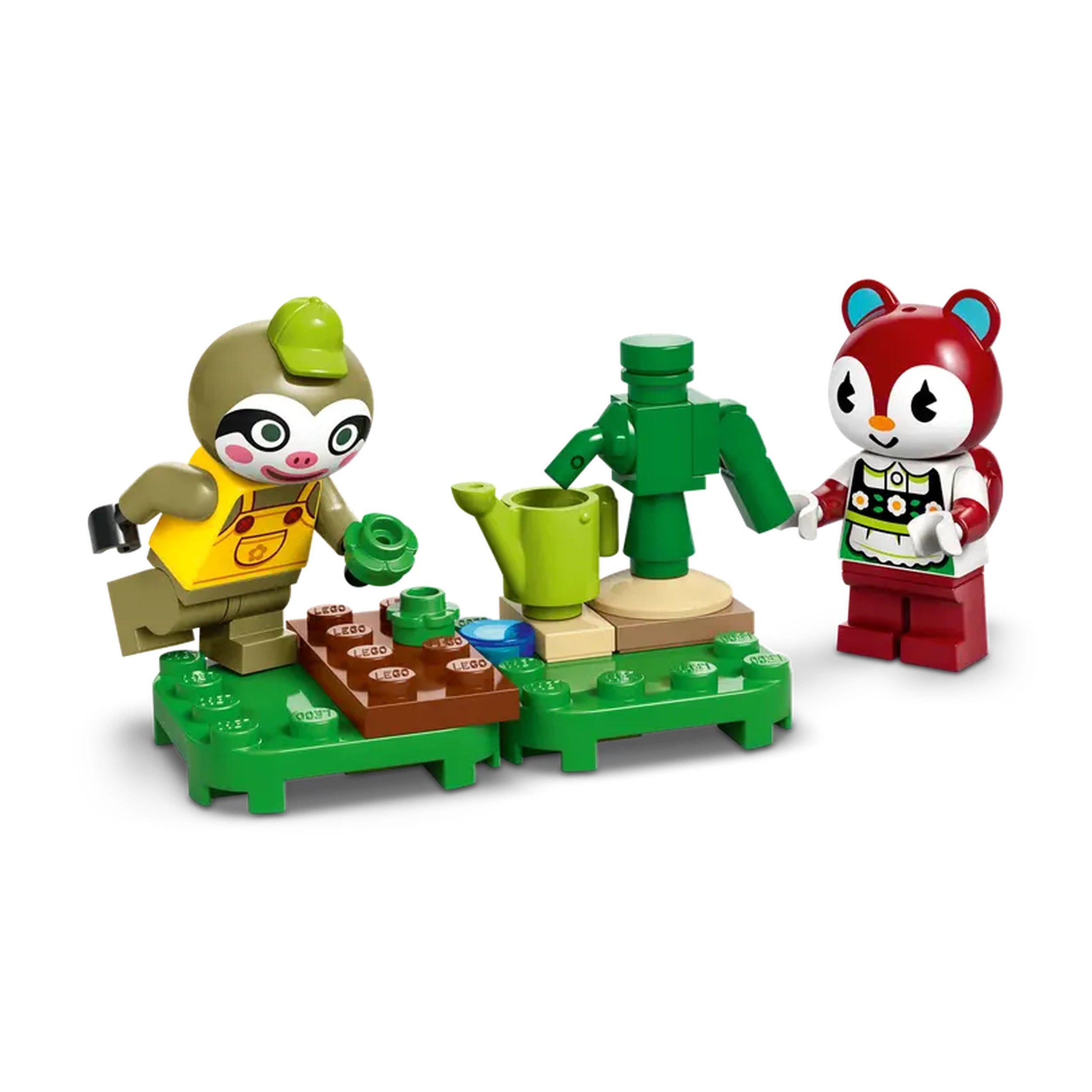 LEGO Animal Crossing set featuring a sloth minifigure with a watering can beside a squirrel minifigure, surrounded by colorful plant accessories.