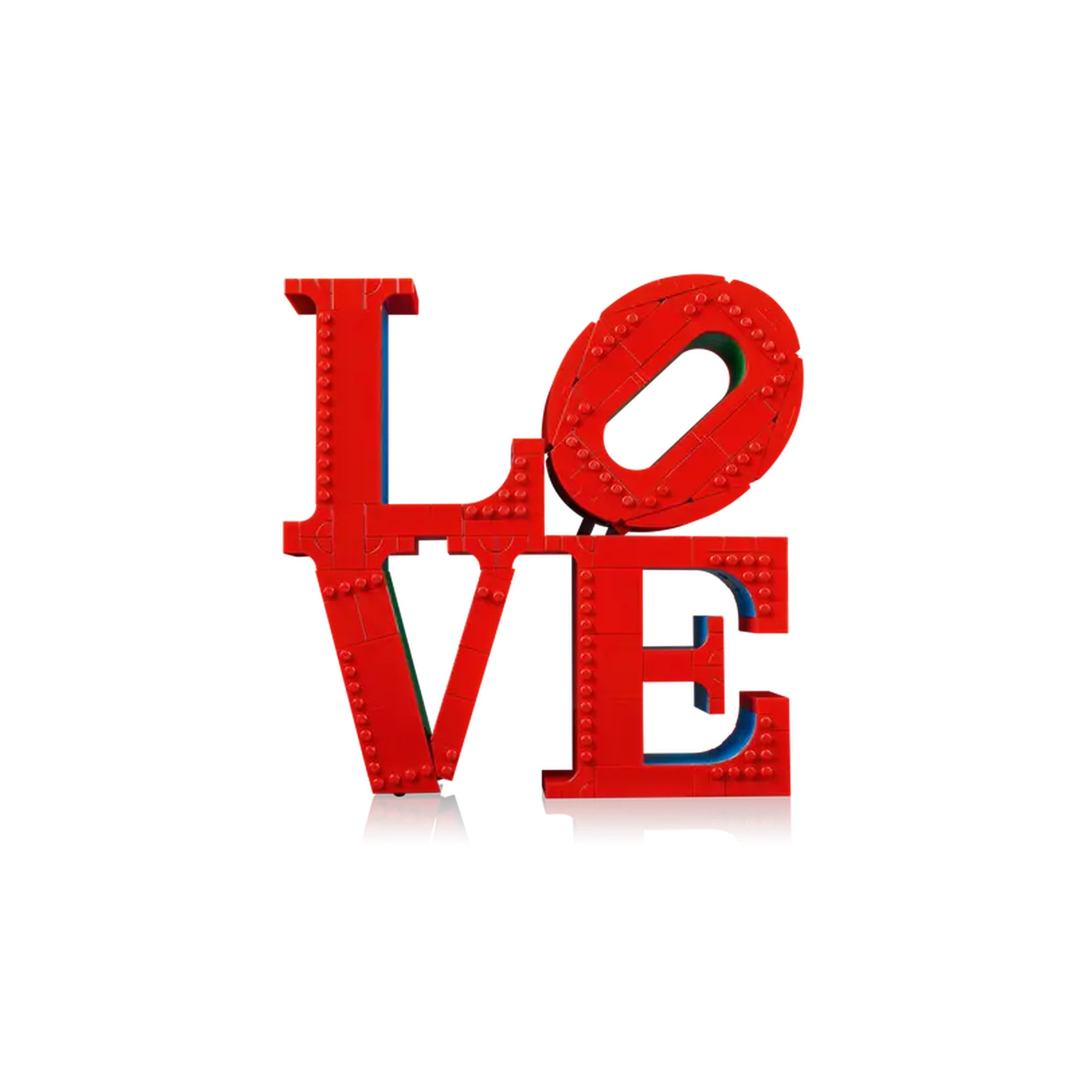 Red Lego bricks assemble to form the word "LOVE," featuring the iconic design with a tilted "O" and vibrant colors, against a clean white background.
