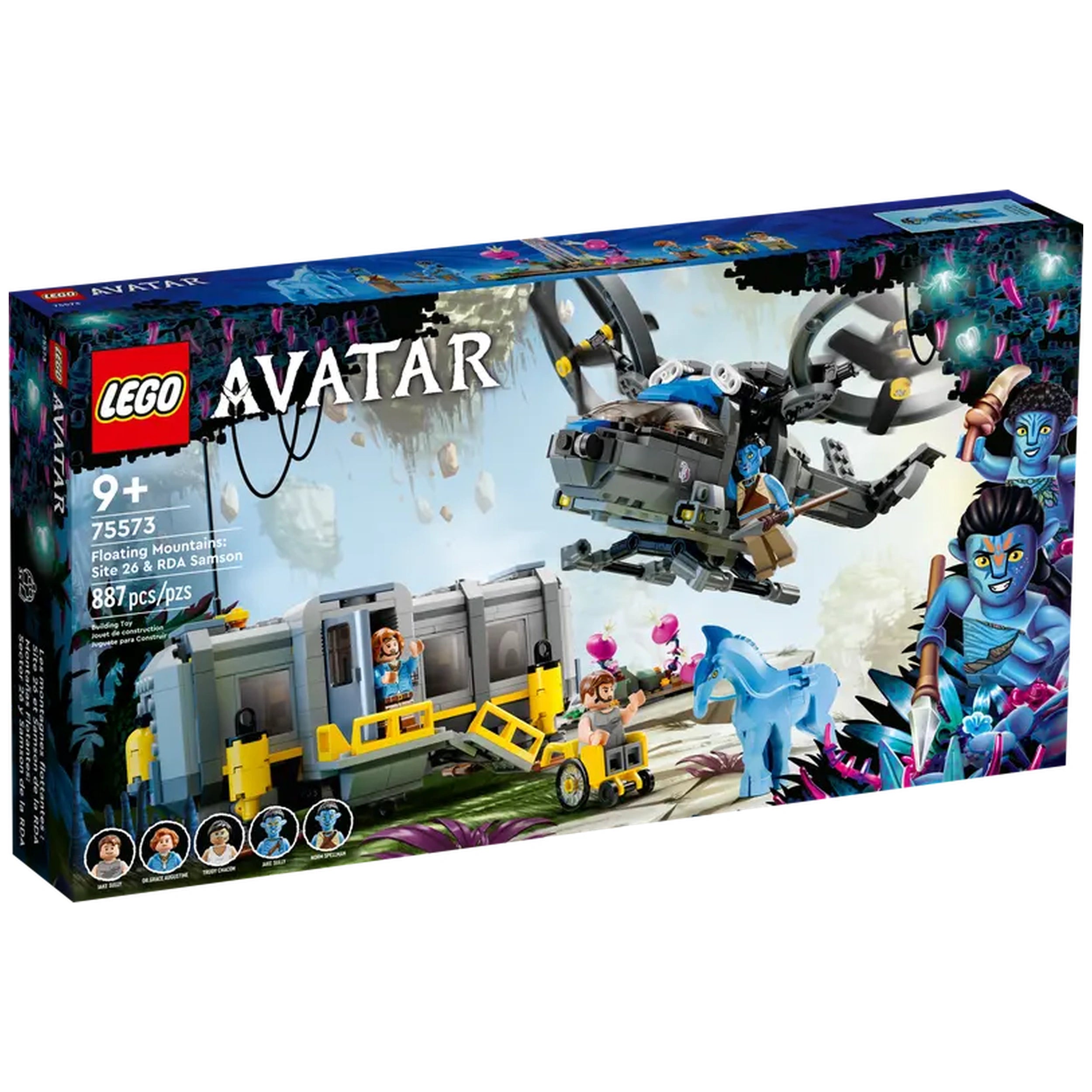 LEGO Avatar Floating Mountains construction set showcasing a futuristic SA-2 Samson helicopter, minifigures, and vibrant Pandora scenery.