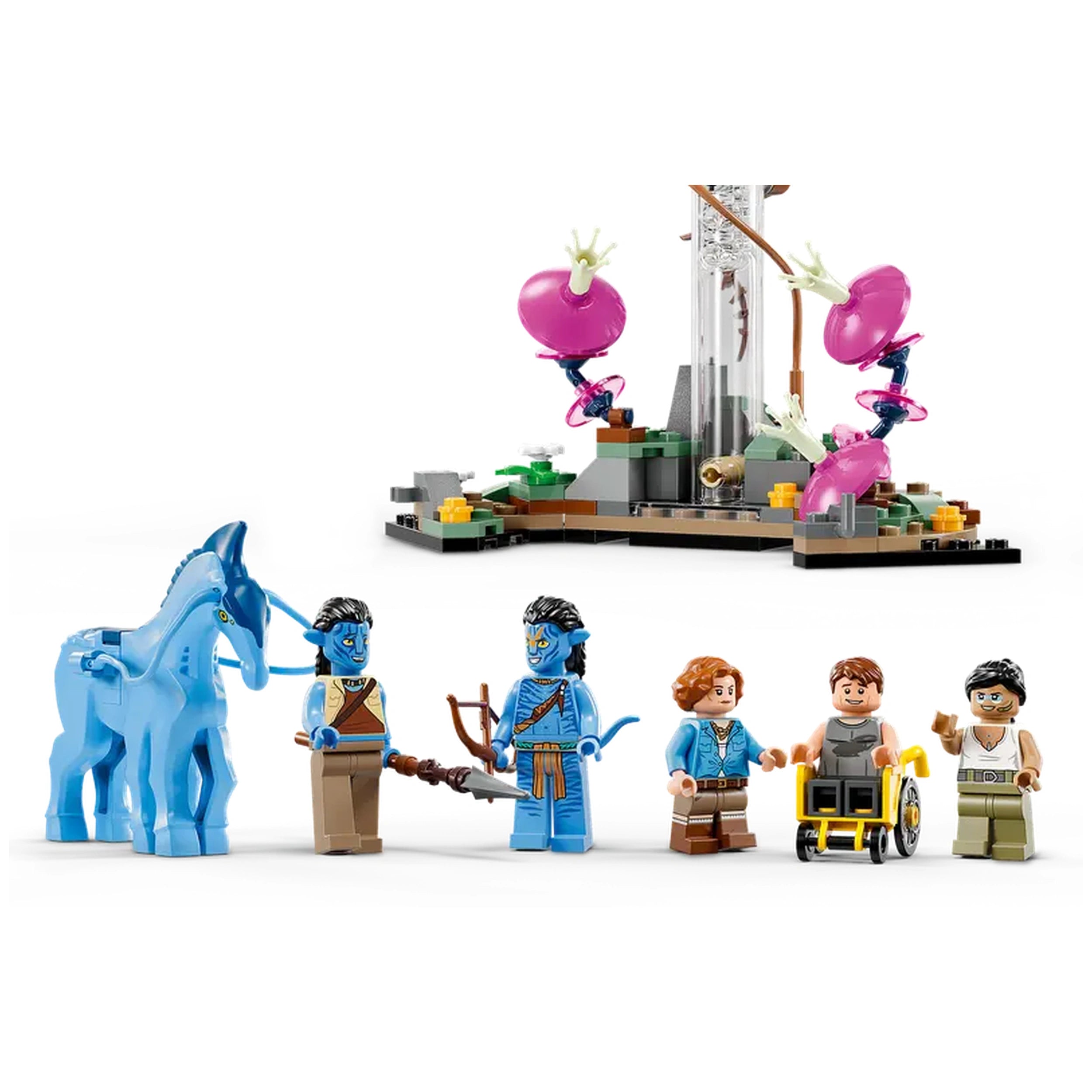 LEGO® Avatar Floating Mountains set featuring blue Na'vi minifigures, a Direhorse figure, and a futuristic helicopter against a detailed backdrop.