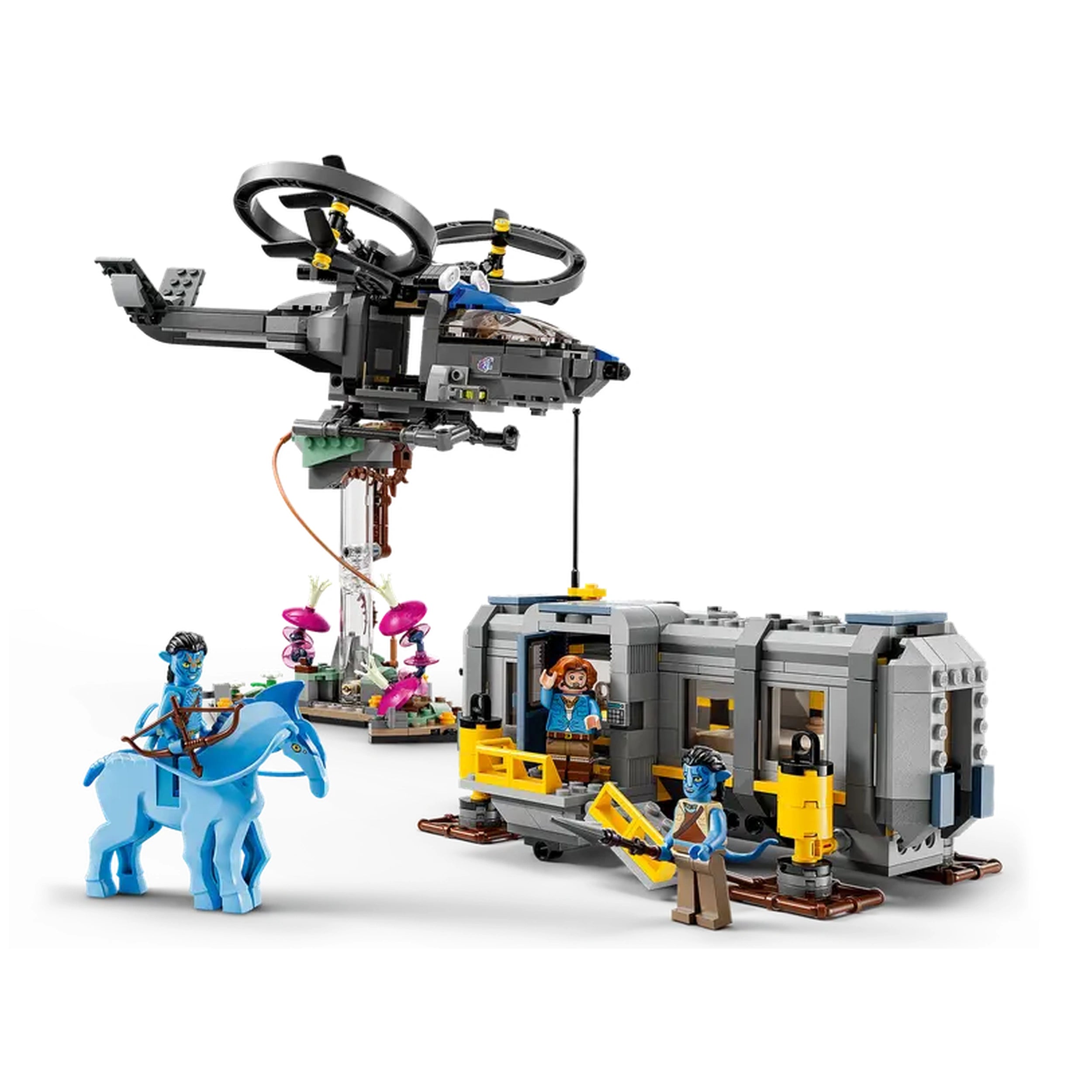 LEGO® Avatar Floating Mountains set featuring a futuristic SA-2 Samson helicopter, a mobile container station, and minifigures of Jake Sully and other characters, alongside a blue Direhorse figure, all set amidst colorful Pandora plants.