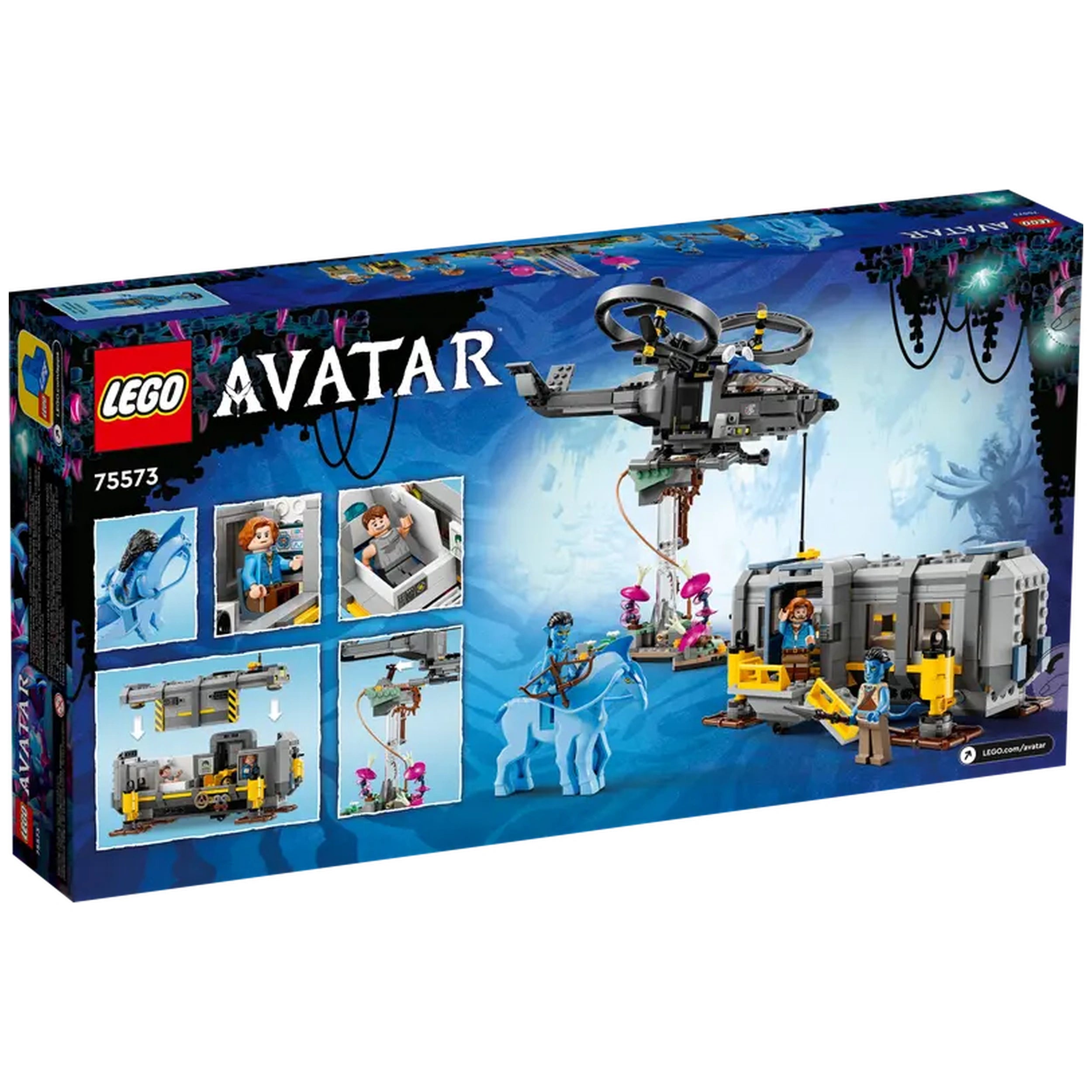LEGO® Avatar Floating Mountains construction set with futuristic helicopter, minifigures, and detailed container scene against a vibrant background.