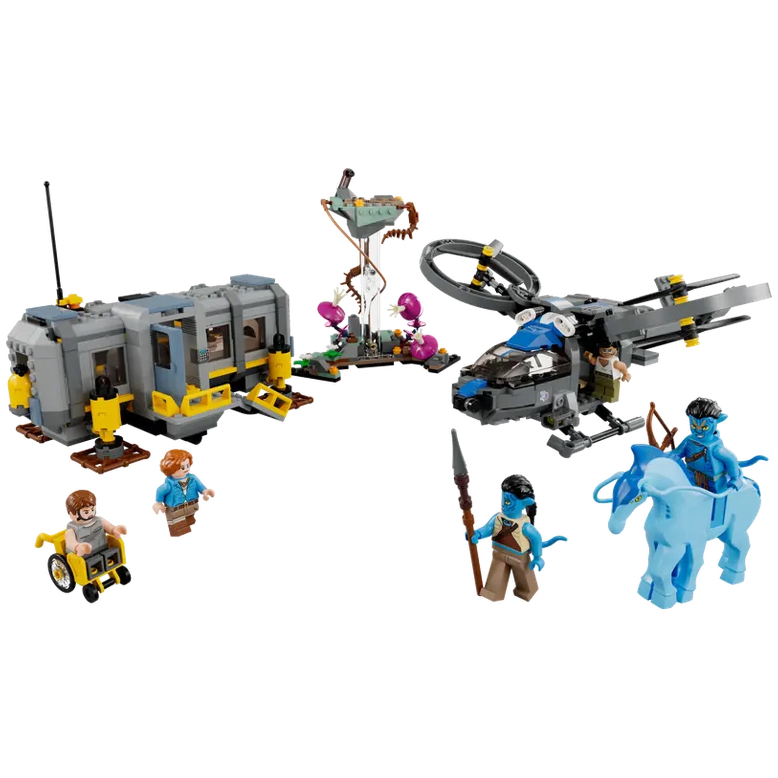 LEGO Avatar Floating Mountains set featuring the Site 26 container, SA-2 Samson helicopter, and various minifigures including Na’vi and human forms.