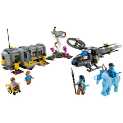 LEGO Avatar Floating Mountains set featuring the Site 26 container, SA-2 Samson helicopter, and various minifigures including Na’vi and human forms.