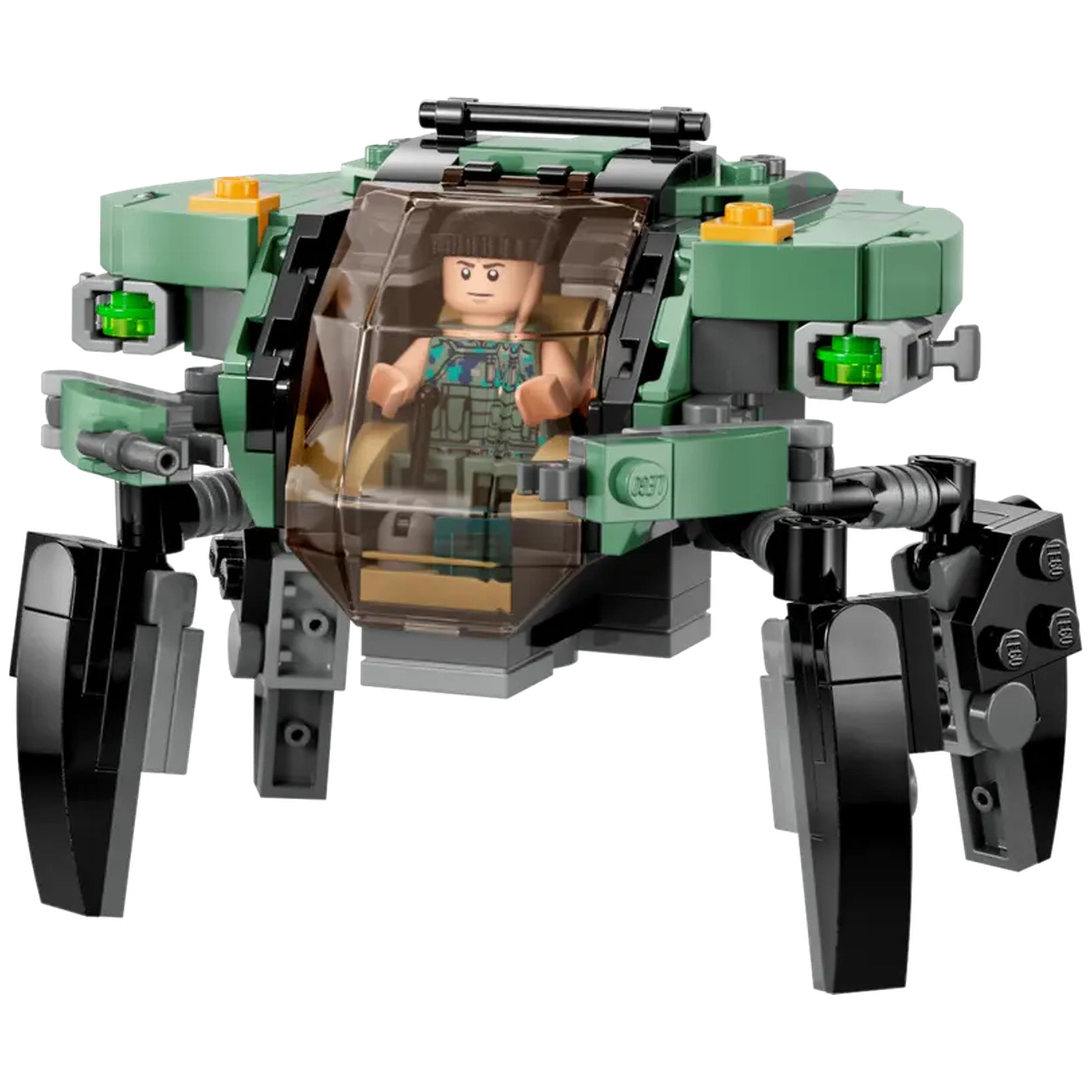Posable crabsuit submersible in green and black, featuring a transparent cockpit with a minifigure pilot inside, surrounded by intricate details.