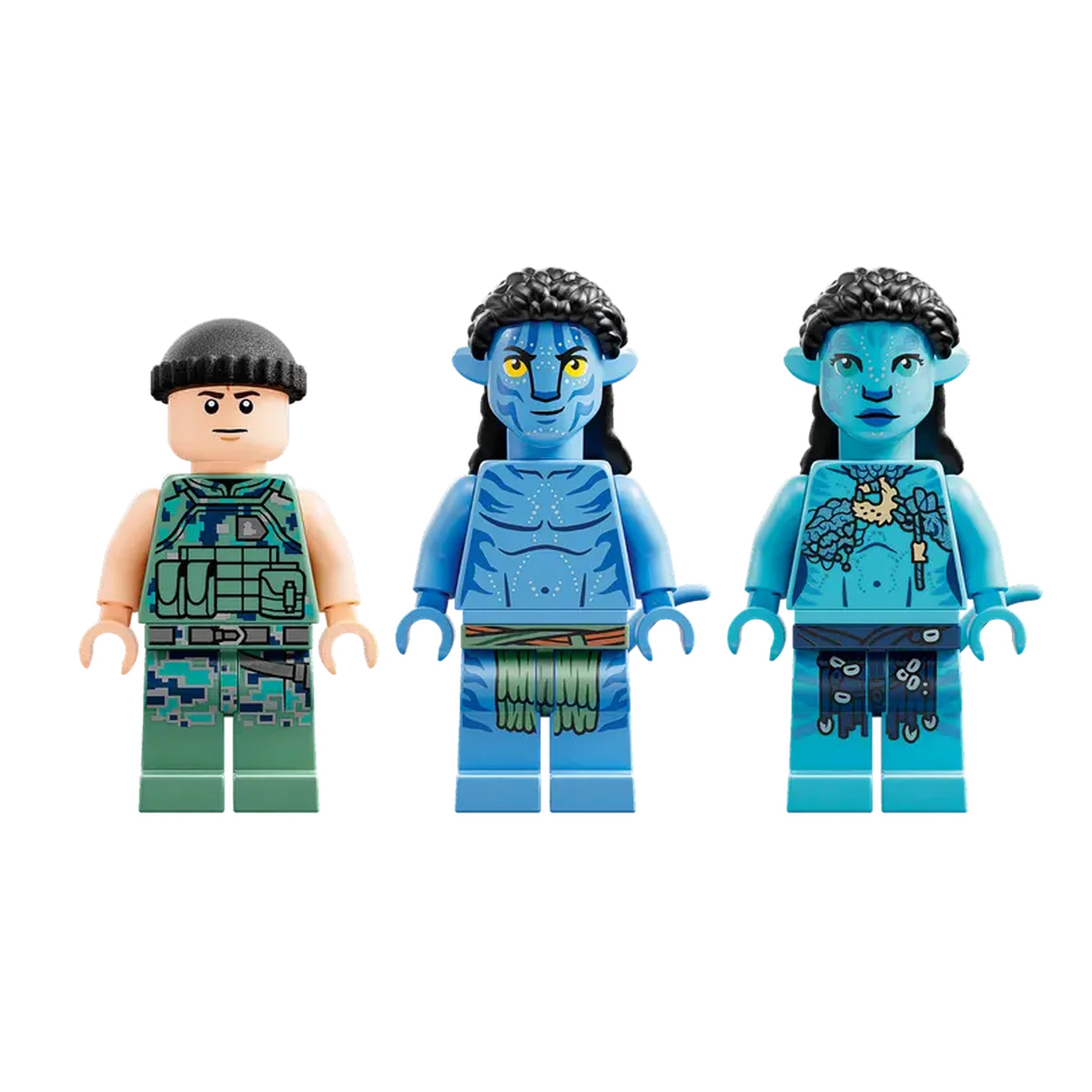 Three LEGO minifigures stand together: on the left, a boy in a green camouflage outfit with a gray beanie; in the middle, a blue-skinned Na'vi character with yellow eyes and detailed body markings; and on the right, a female Na'vi figure with a blue complexion, intricate tattoos, and long black hair. Each figure is designed for imaginative play, inspired by the Avatar universe.