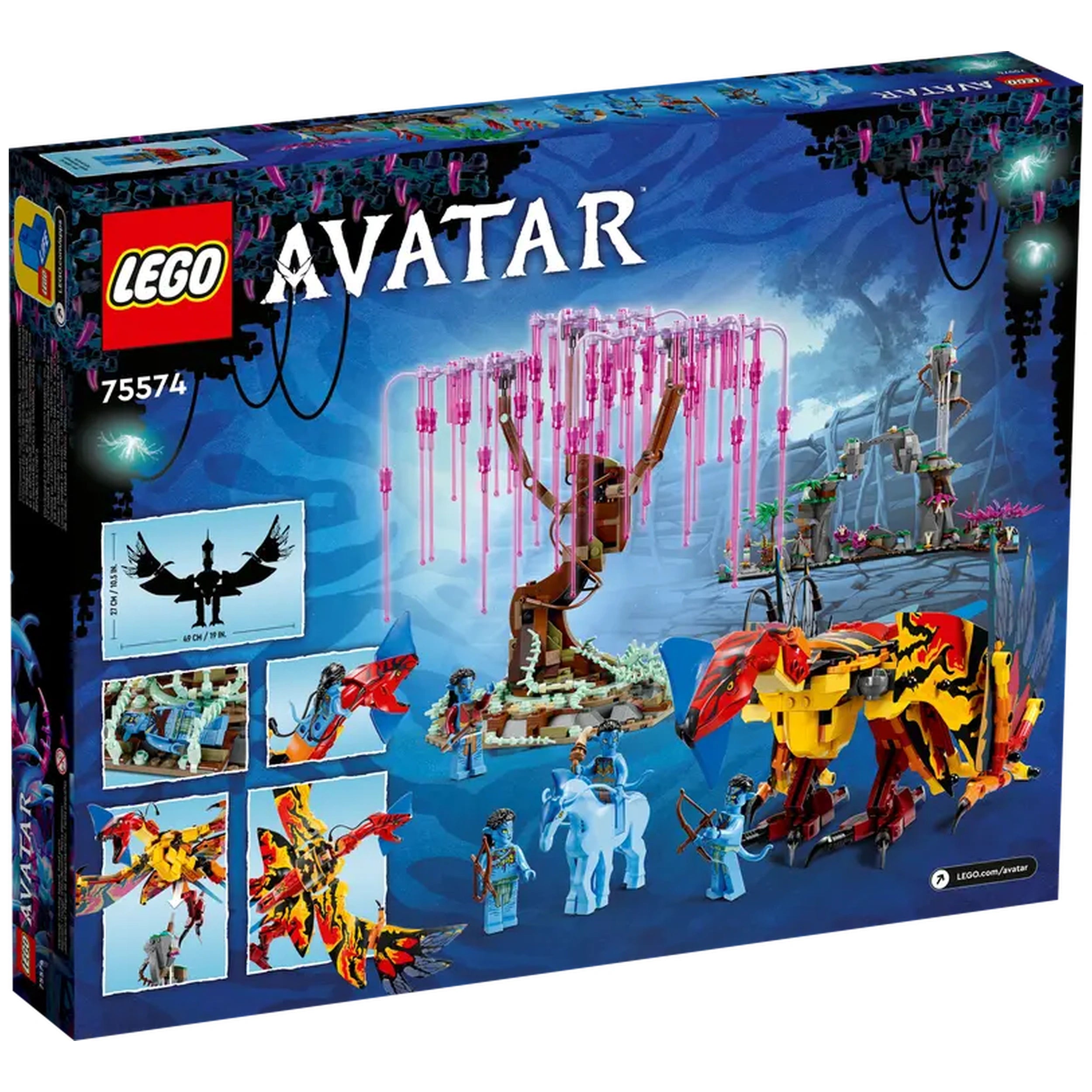 LEGO Avatar Toruk Makto & Tree of Souls set showcasing colorful landscapes, detailed minifigures, and iconic figures on a vibrant blue background.