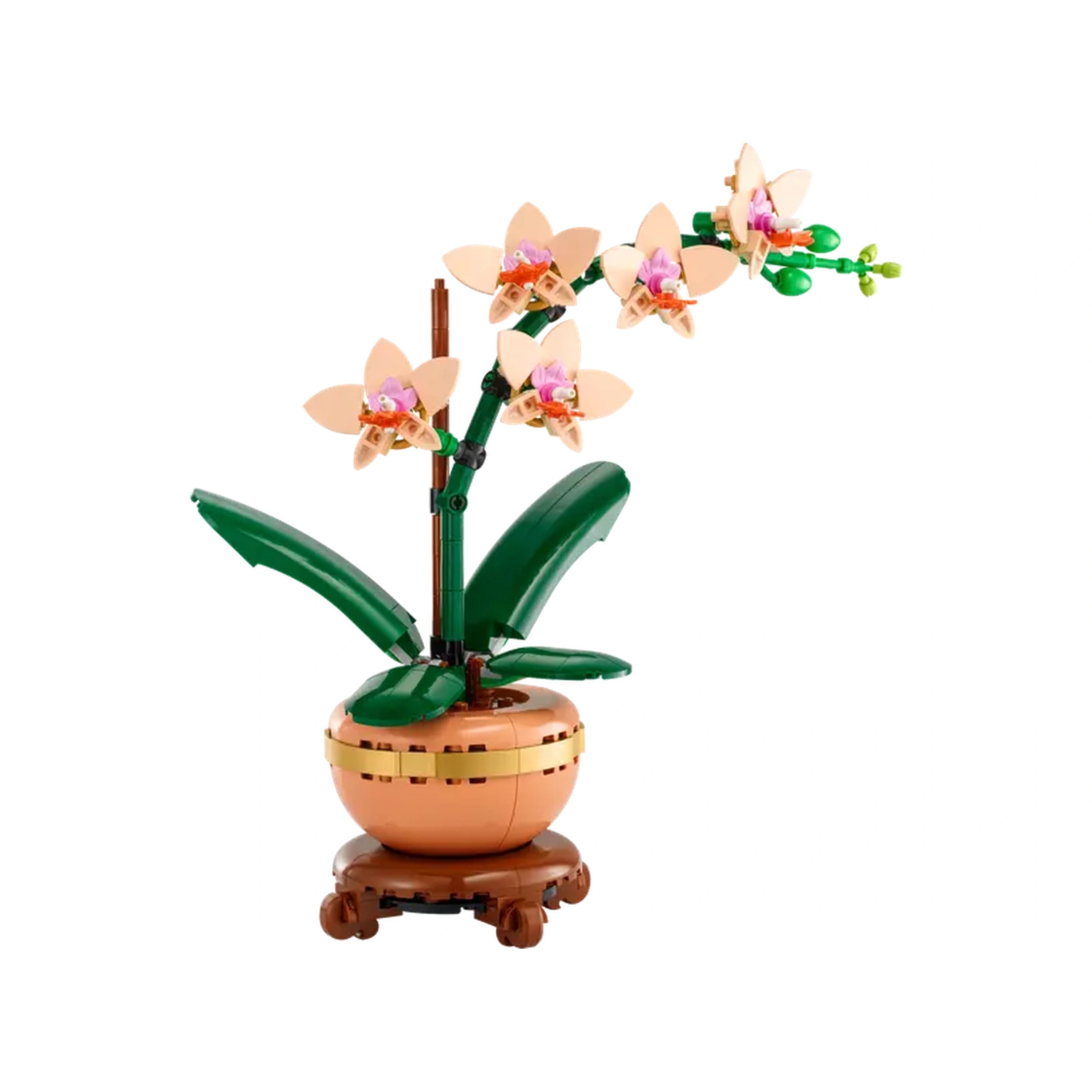 Delicate LEGO® Mini Orchid set with five peach blooms and green leaves, displayed in a light terracotta pot on a wood-effect base.