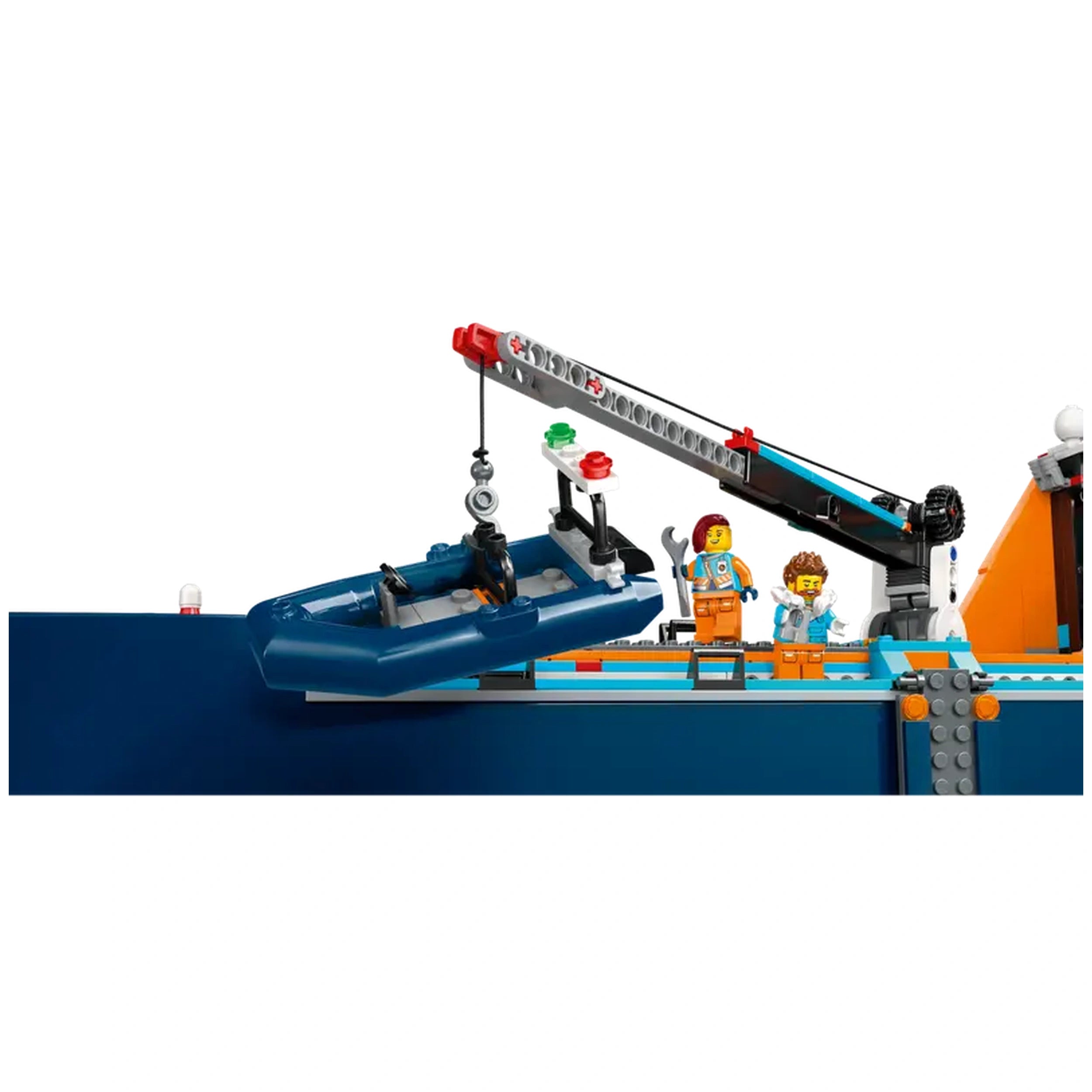 Lego City Arctic Explorer Ship set featuring a blue dinghy being lifted by a crane, with two minifigures on deck, surrounded by vibrant colors and realistic details.