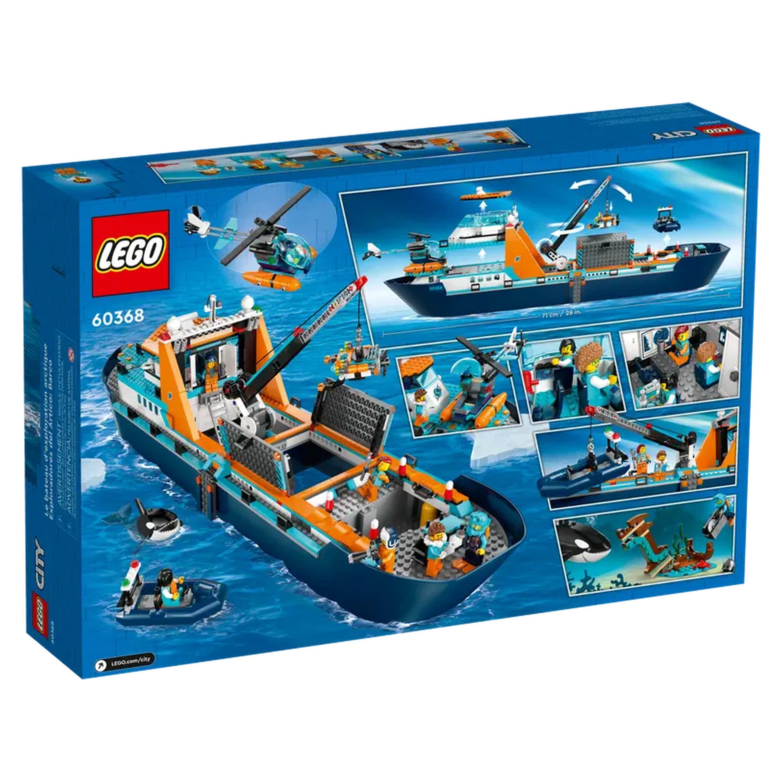 LEGO® City Arctic Explorer Ship construction set with a vibrant blue and orange ship, helicopter, and minifigures on a water backdrop.