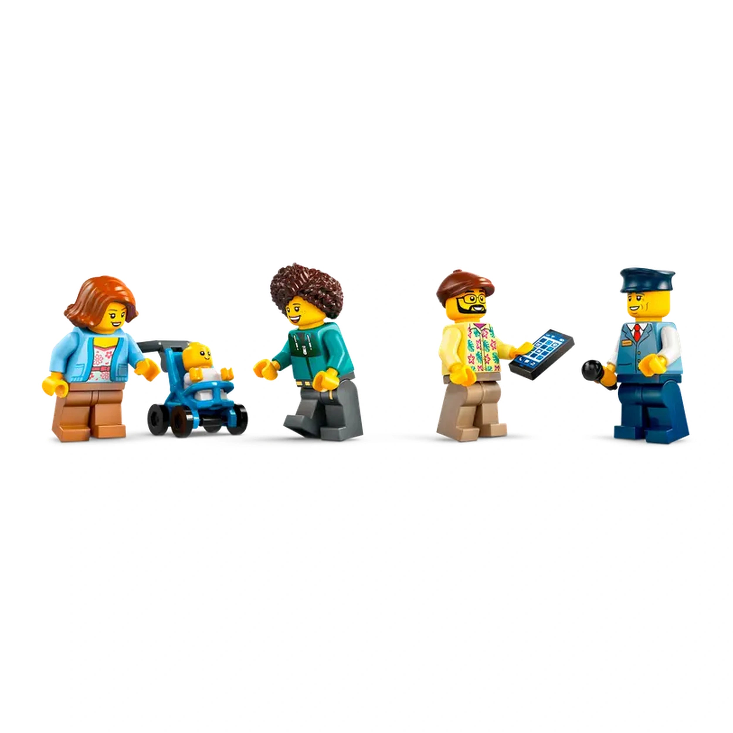 Four LEGO minifigures gather on a white background. A woman with brown hair and a blue jacket smiles beside a baby in a blue stroller. Next to them, a man with curly hair in a teal sweater shares a cheerful moment. Another man, wearing a colorful shirt and holding a tablet, engages with a bus driver in a blue uniform and cap, who holds a microphone. This lively scene captures the fun of city interactions.