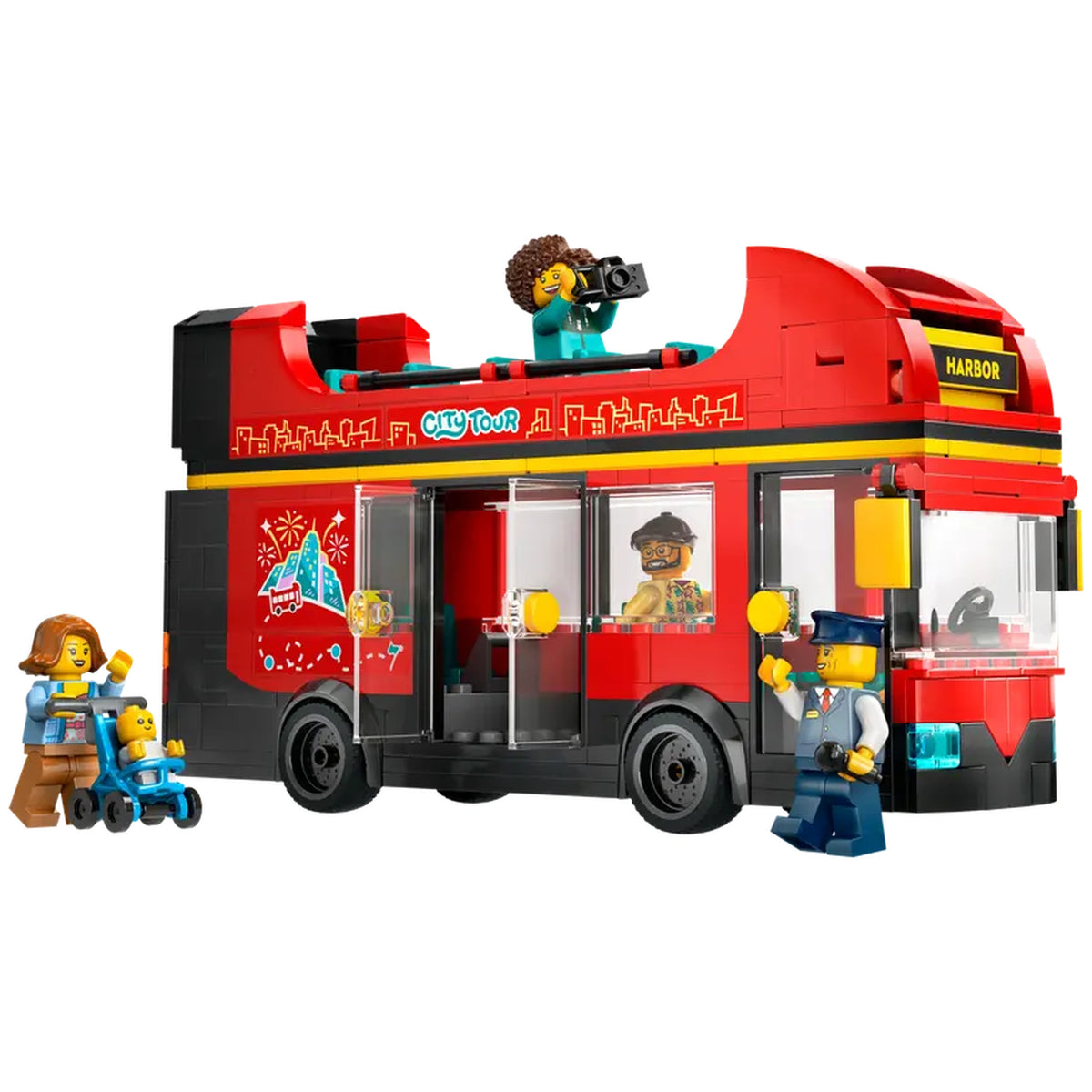 Red LEGO City double-decker sightseeing bus featuring a driver and three passengers, with a joyful tourist taking photos on the top deck.