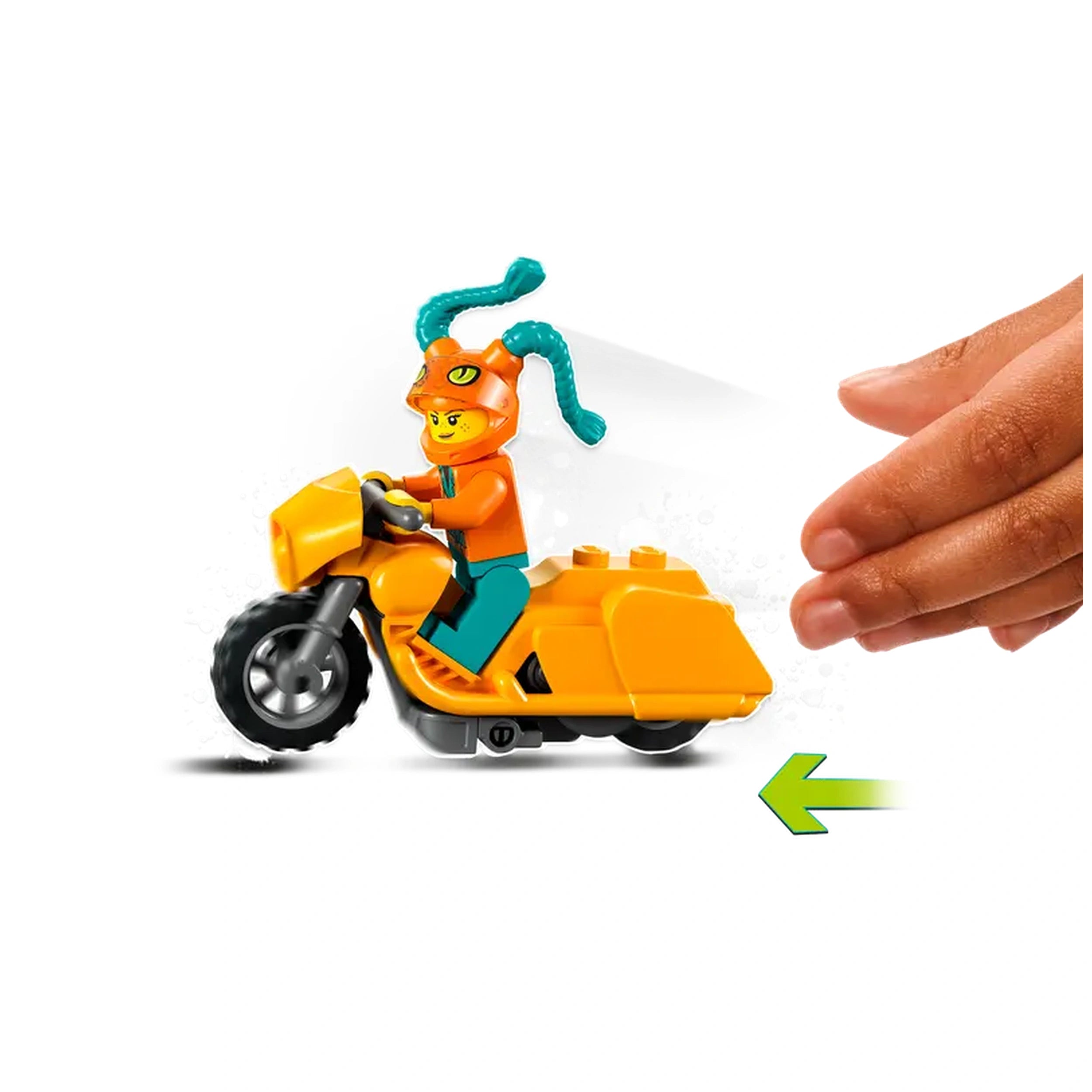 Model in an orange outfit and helmet with antennae rides a vibrant orange stunt bike, with a hand initiating movement on the side.