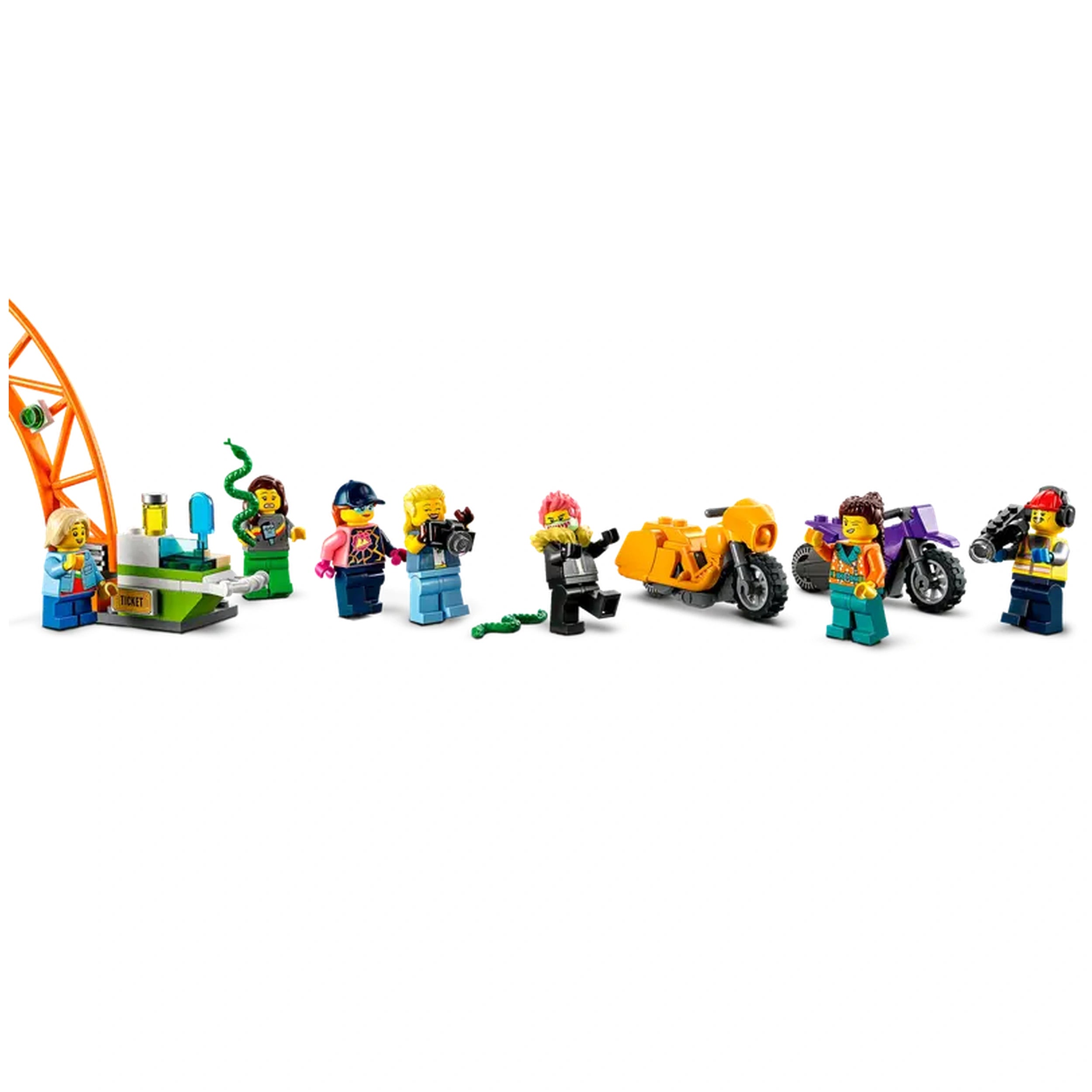 LEGO City Double Loop Stunt Arena featuring colorful minifigures, two stunt bikes, and a ticket booth with vibrant props for thrilling play.
