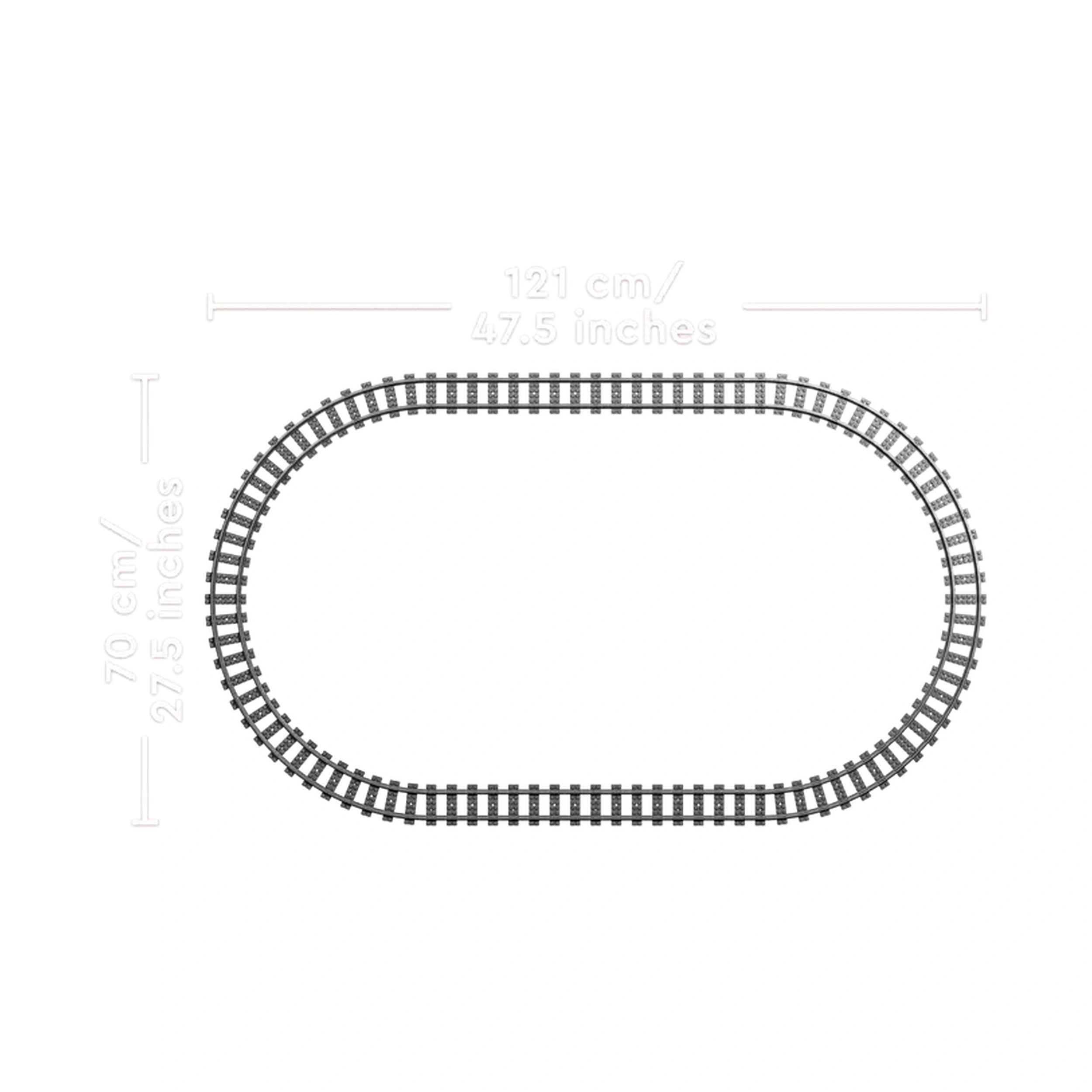 Black railway track arranged in a rectangular loop, measuring 121 cm by 70 cm, suitable for toy trains like the LEGO City Express Passenger Train.