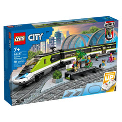 LEGO® City Express Passenger Train construction set featuring a sleek green and white bullet train, remote control, and minifigures at a station.