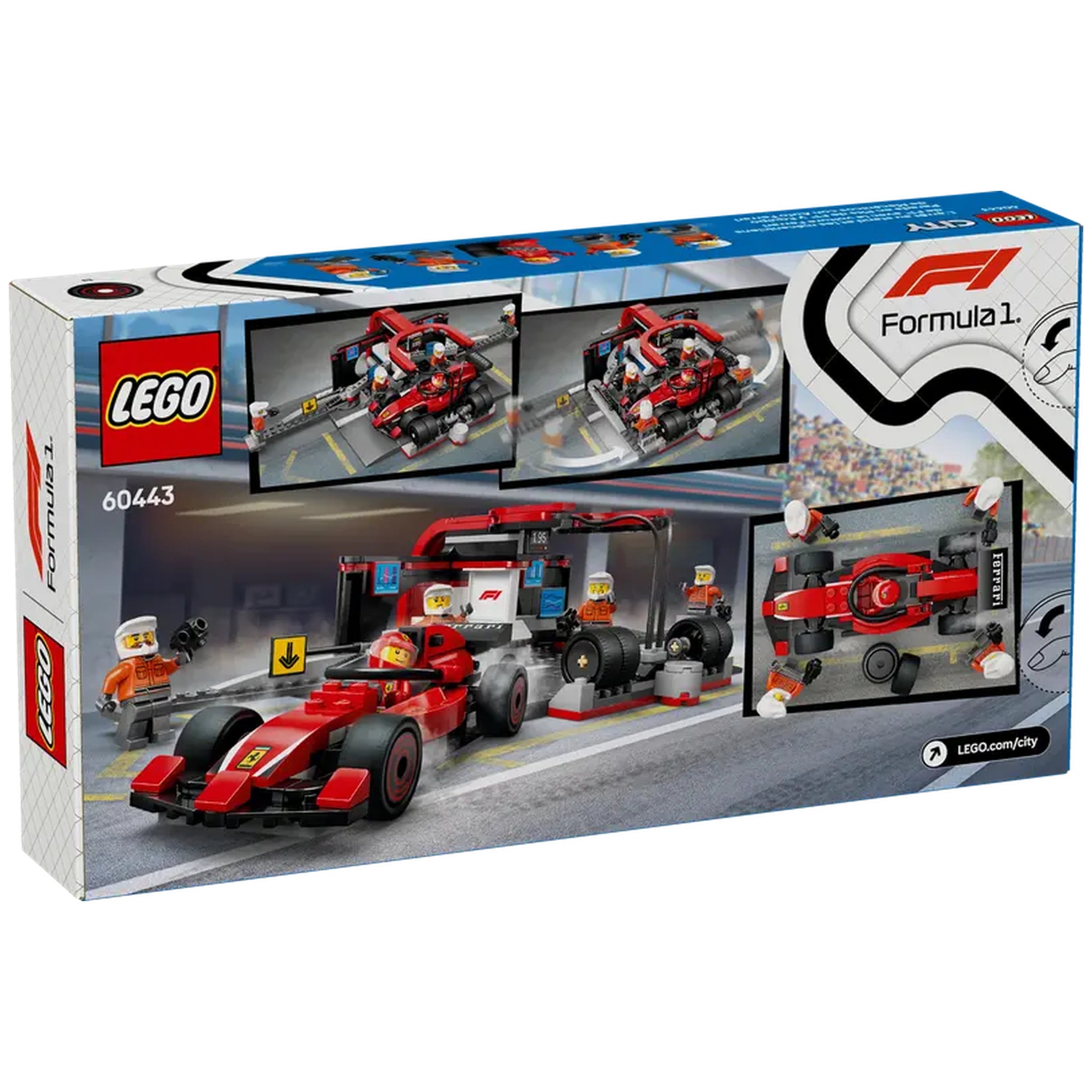 LEGO City F1 Pit Stop set featuring a red Ferrari race car, four pit crew minifigures, and a pit stop backdrop with racing details.