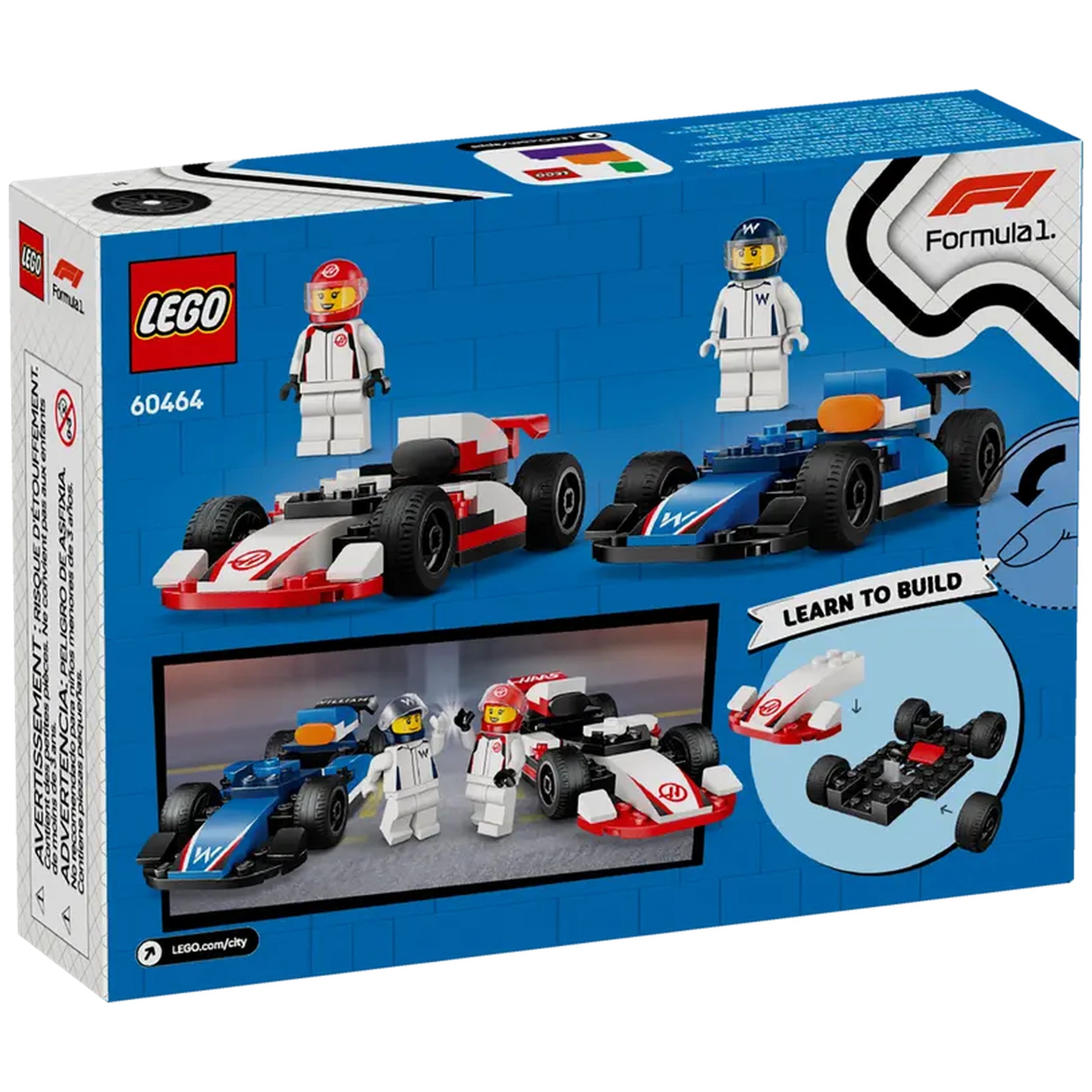 LEGO® City F1® set featuring two race car models in red and blue, with driver minifigures, displayed on a colorful, playful background.