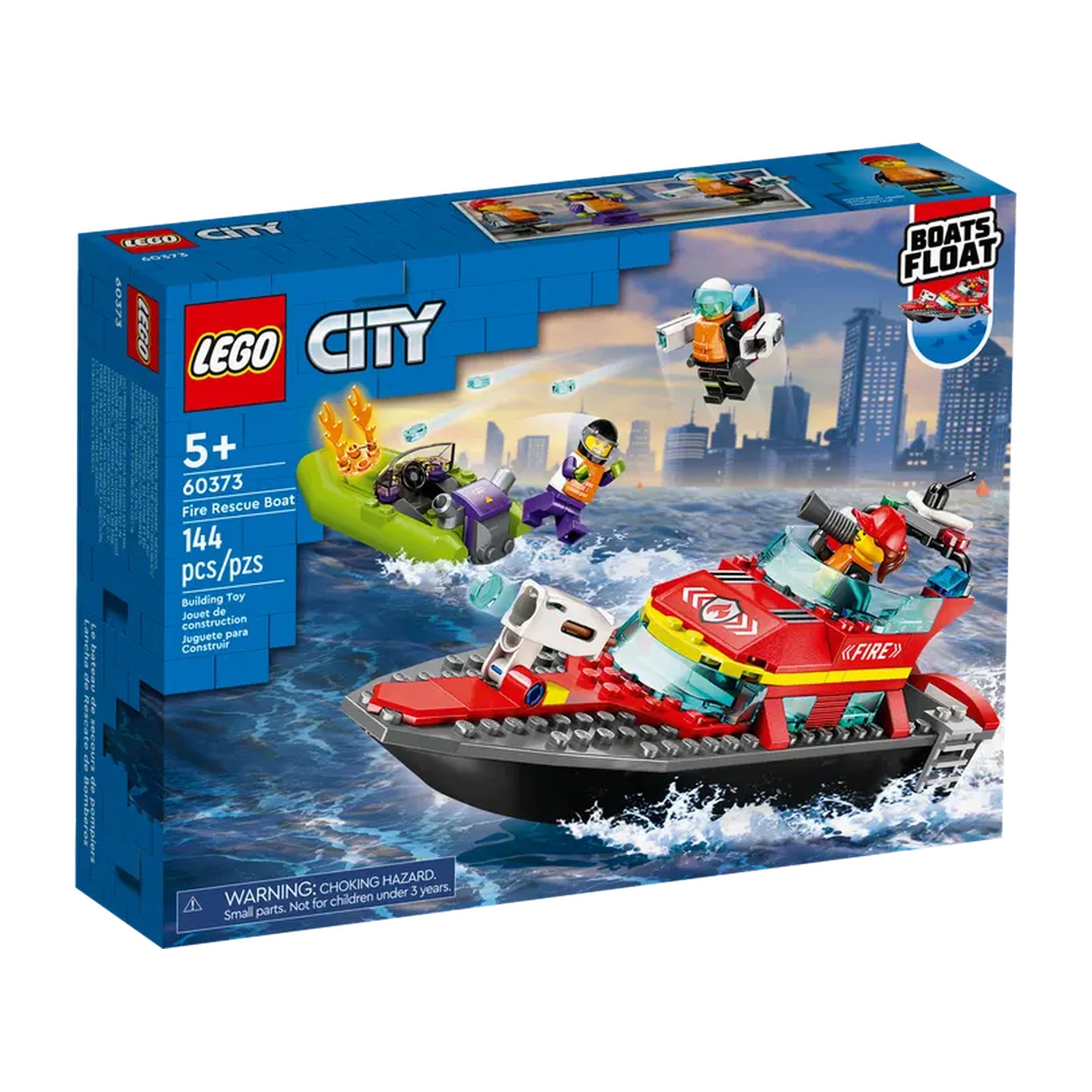 LEGO City Fire Rescue Boat set, featuring a red fireboat, a green dinghy, and three minifigures amidst an ocean backdrop.