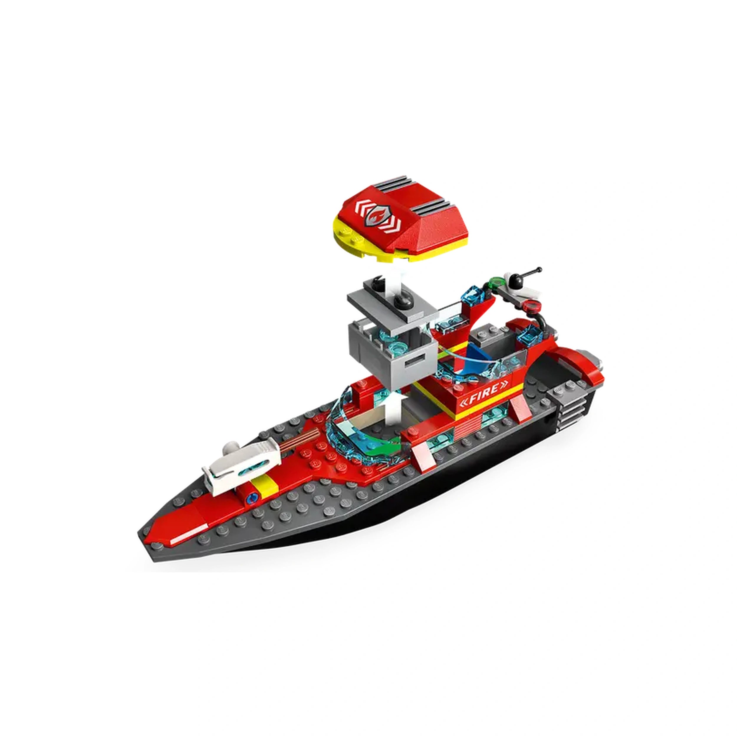 Red LEGO® City Fire Rescue Boat construction set featuring a detailed fireboat with a functional extinguisher and a raised cabin.