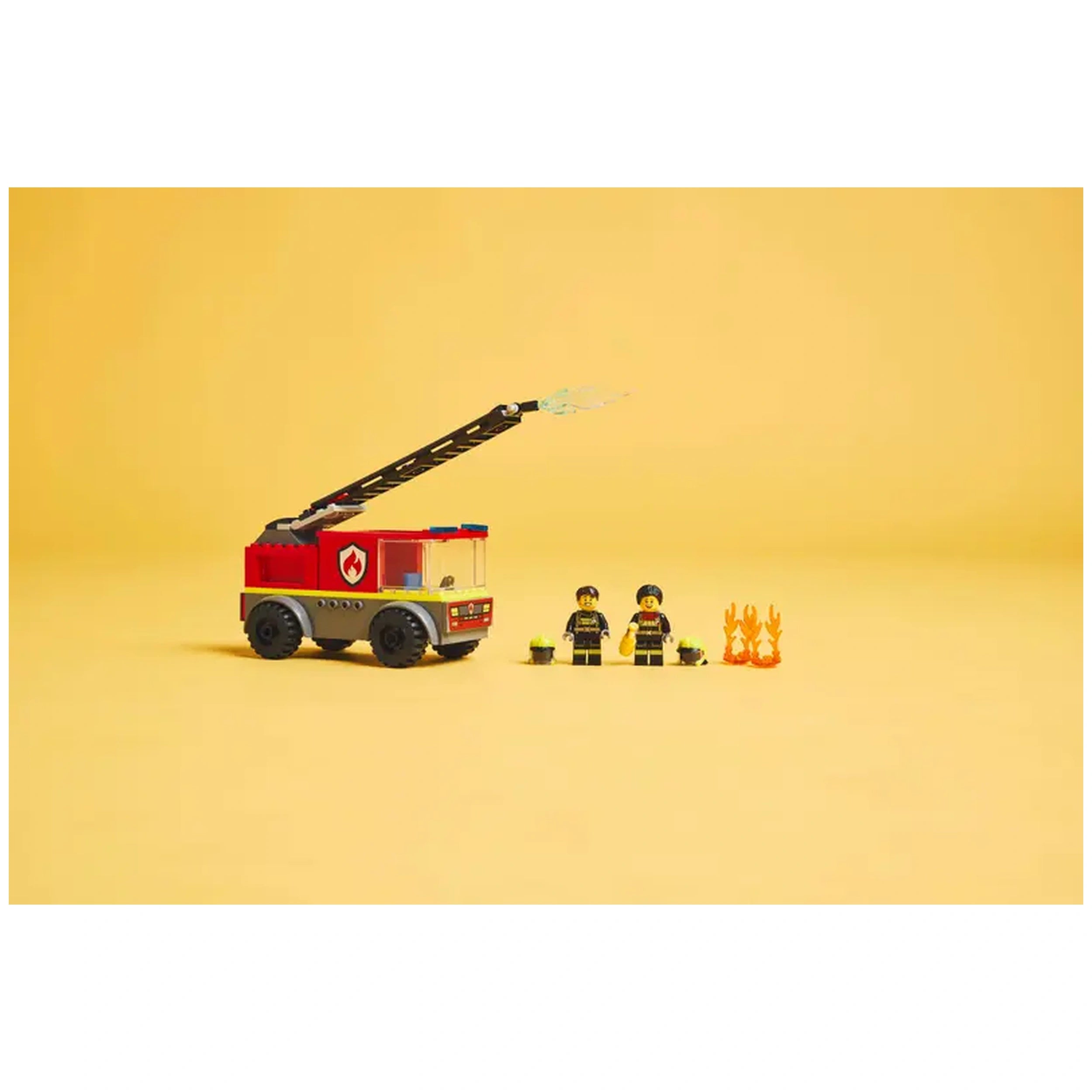 LEGO City Fire Ladder Truck set featuring a red fire truck with a raised ladder, two firefighter minifigures, and flickering flames on a yellow background.