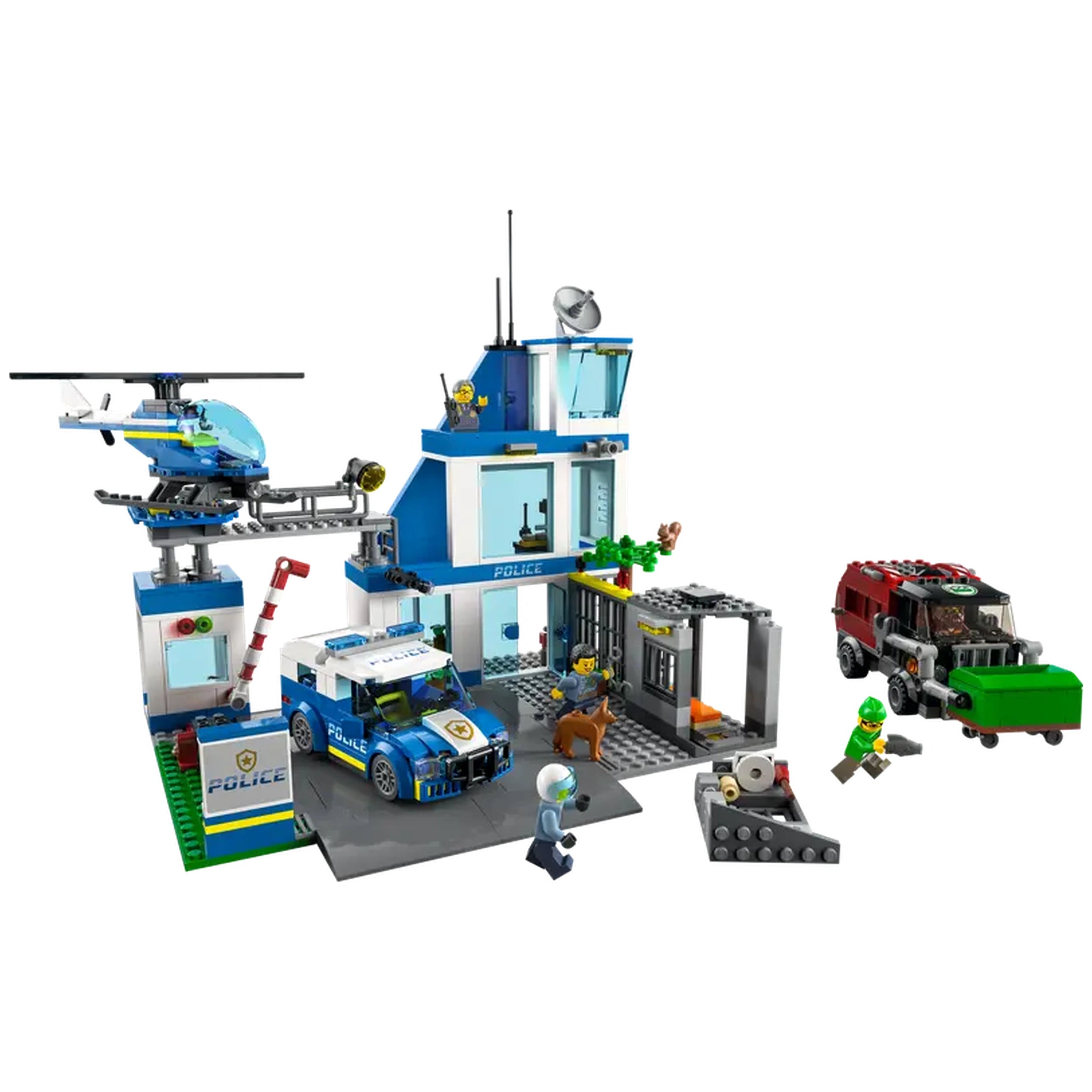 LEGO City Police Station set featuring a detailed three-level police building, a helicopter, patrol car, and minifigures engaged in action.
