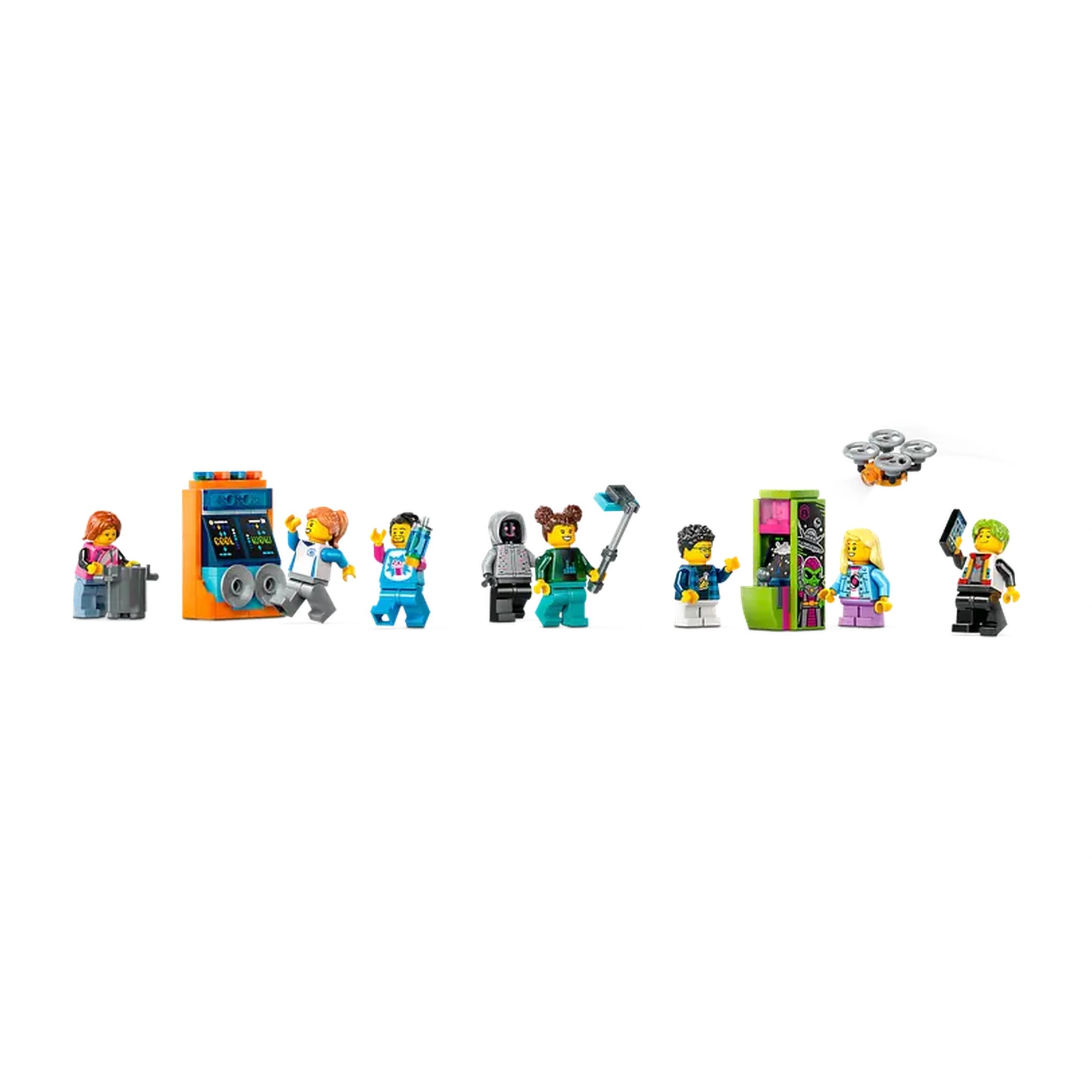 Colorful Lego minifigures line up, showcasing a variety of characters in fun poses. They include a girl with a suitcase, a boy with a futuristic gun, and a kid at an arcade machine. A drone hovers above, adding to the playful scene, perfect for imaginative play and storytelling.