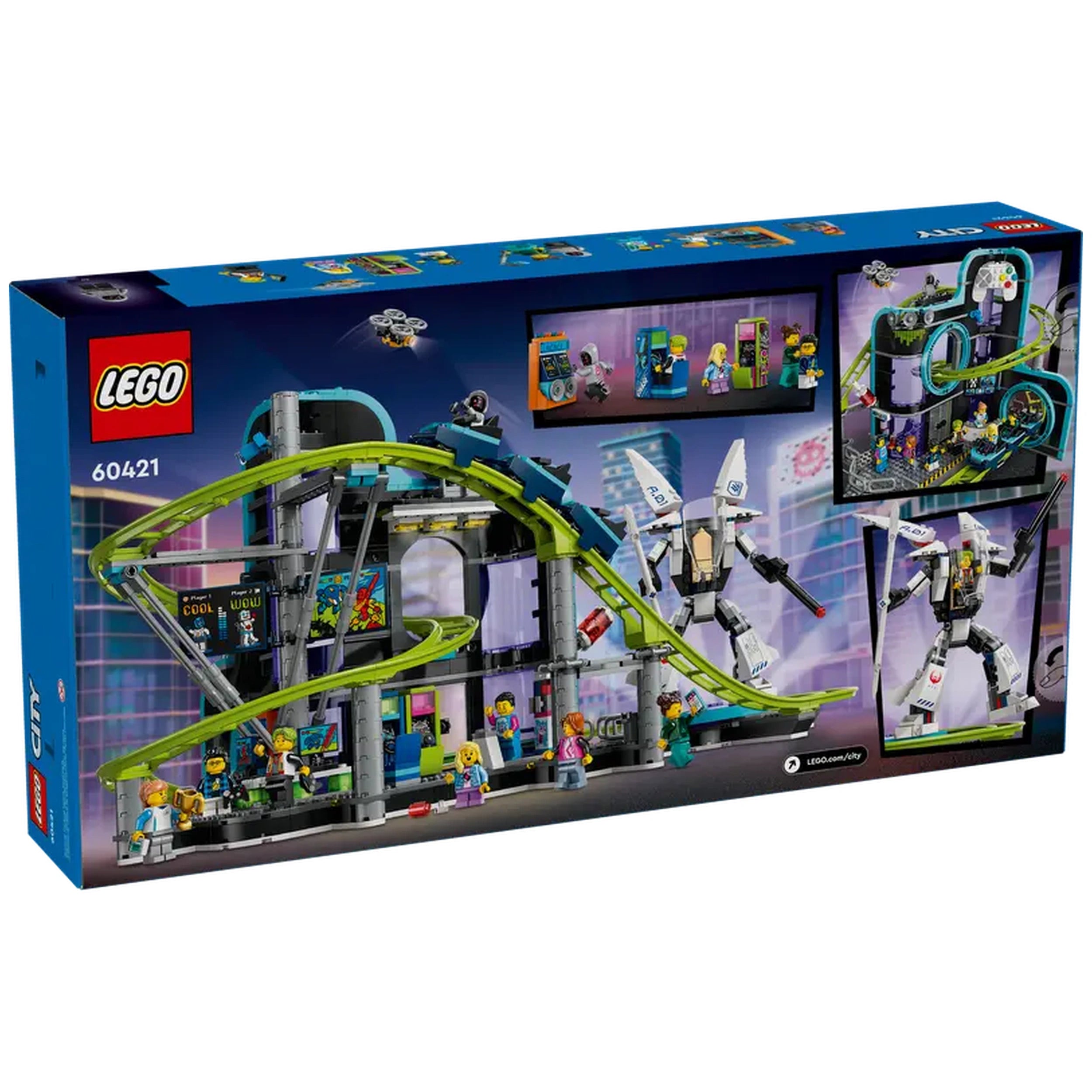LEGO® City Robot World construction set featuring a colorful roller-coaster, arcade area, and playful mini-figures interacting in a vibrant scene.