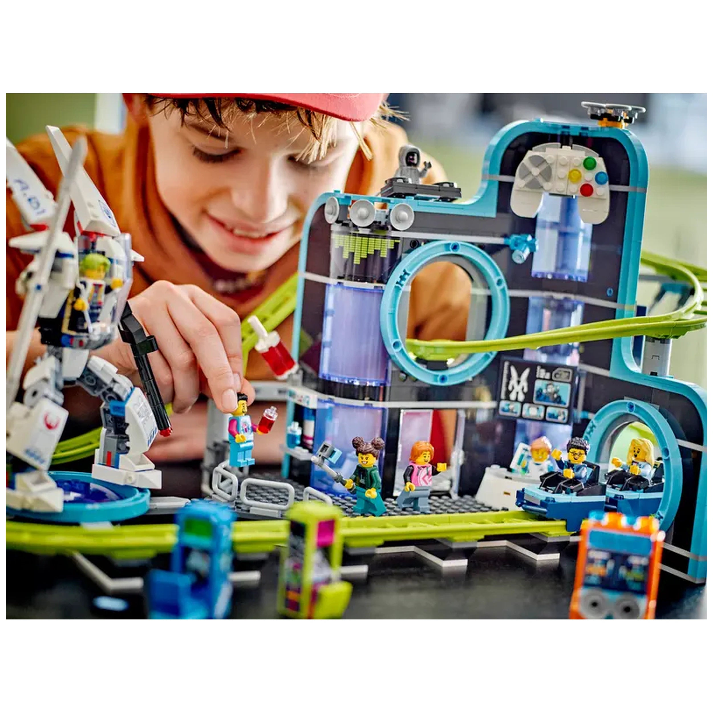 Child engaging with the LEGO® City Robot World set, featuring colorful mini-figures, a roller-coaster track, and an arcade backdrop.