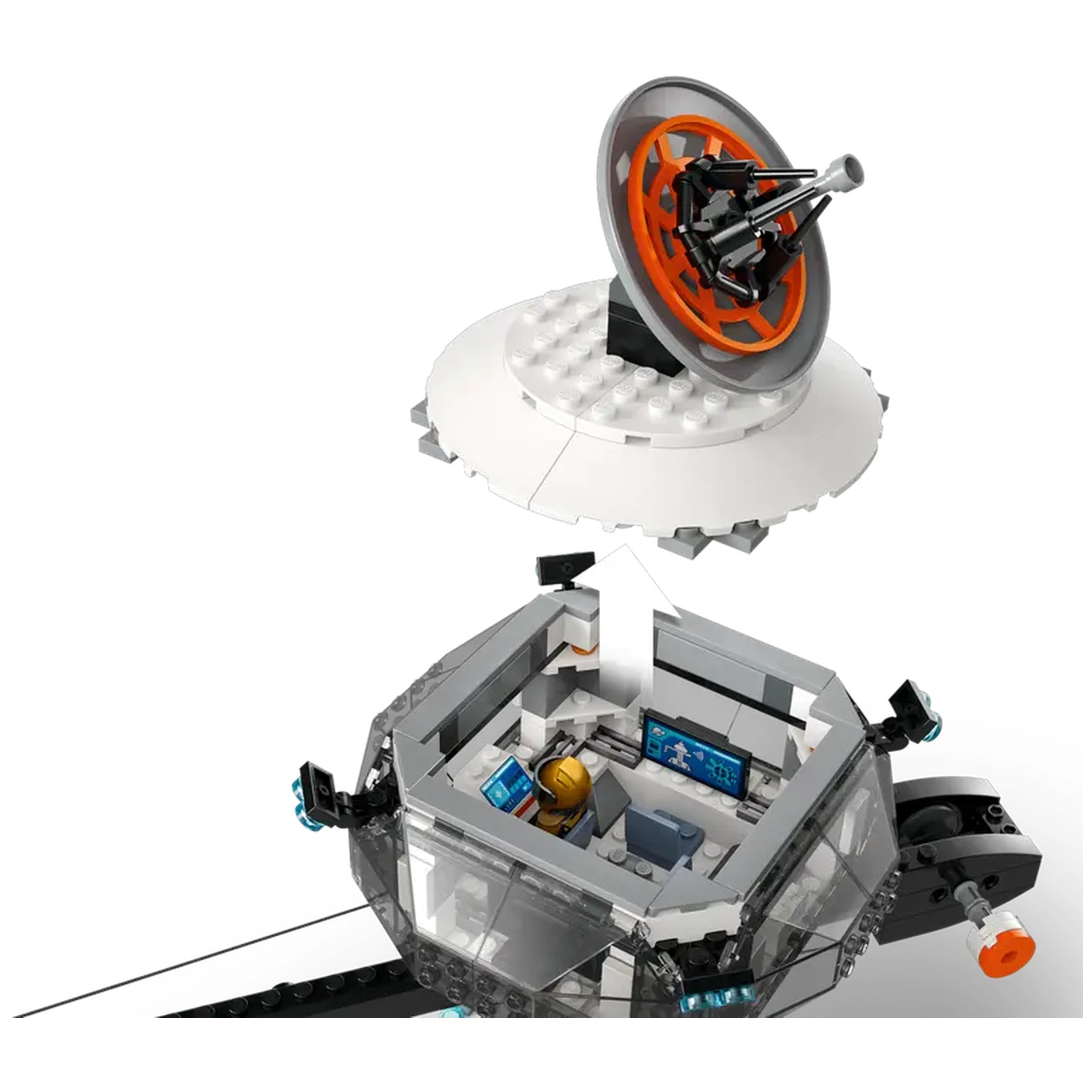 LEGO® City Space Base with a removable control room and an orange satellite dish, featuring a detailed interior with a seated astronaut.