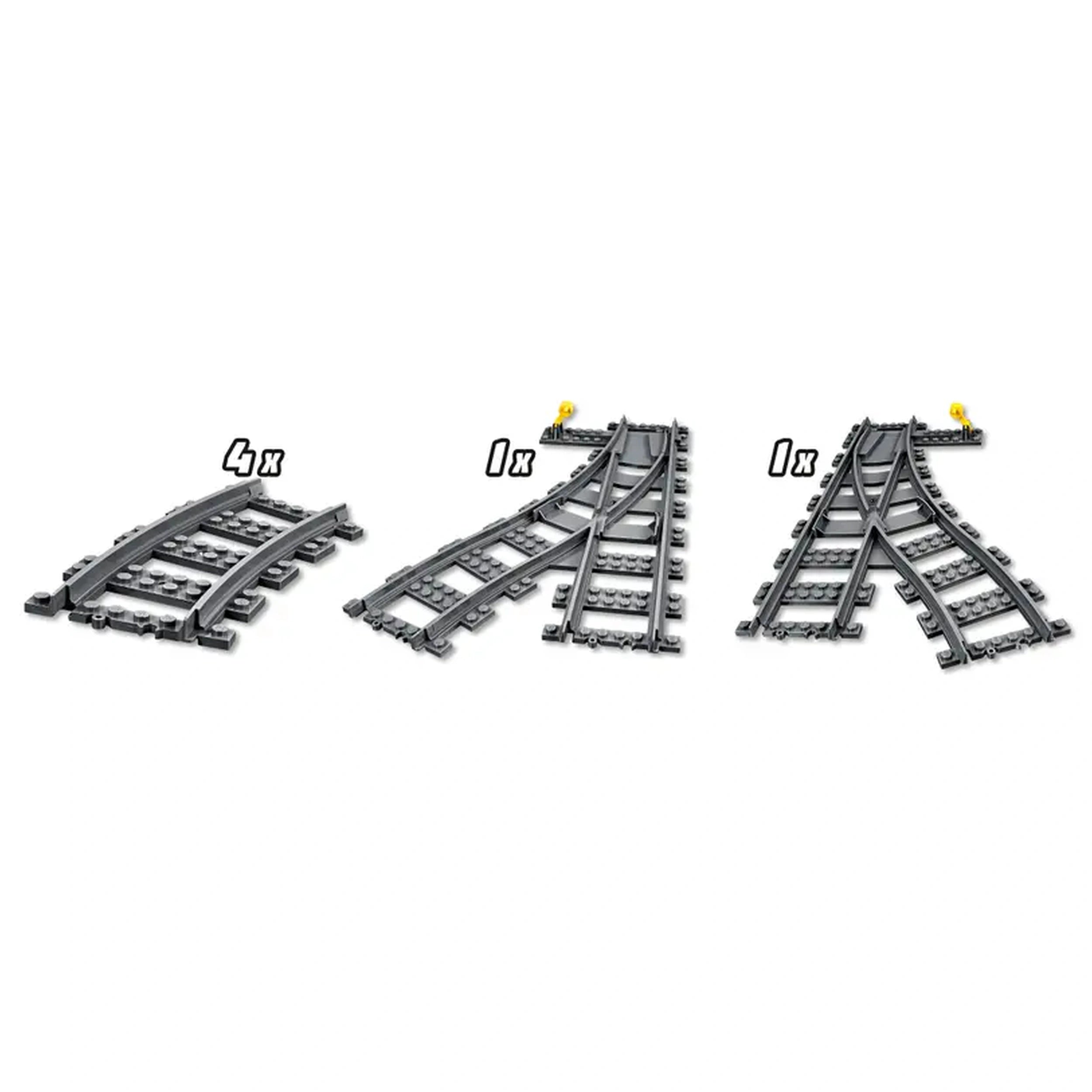 LEGO® City Switch Tracks construction set featuring four curved tracks and two switch tracks, designed for flexible train layouts.