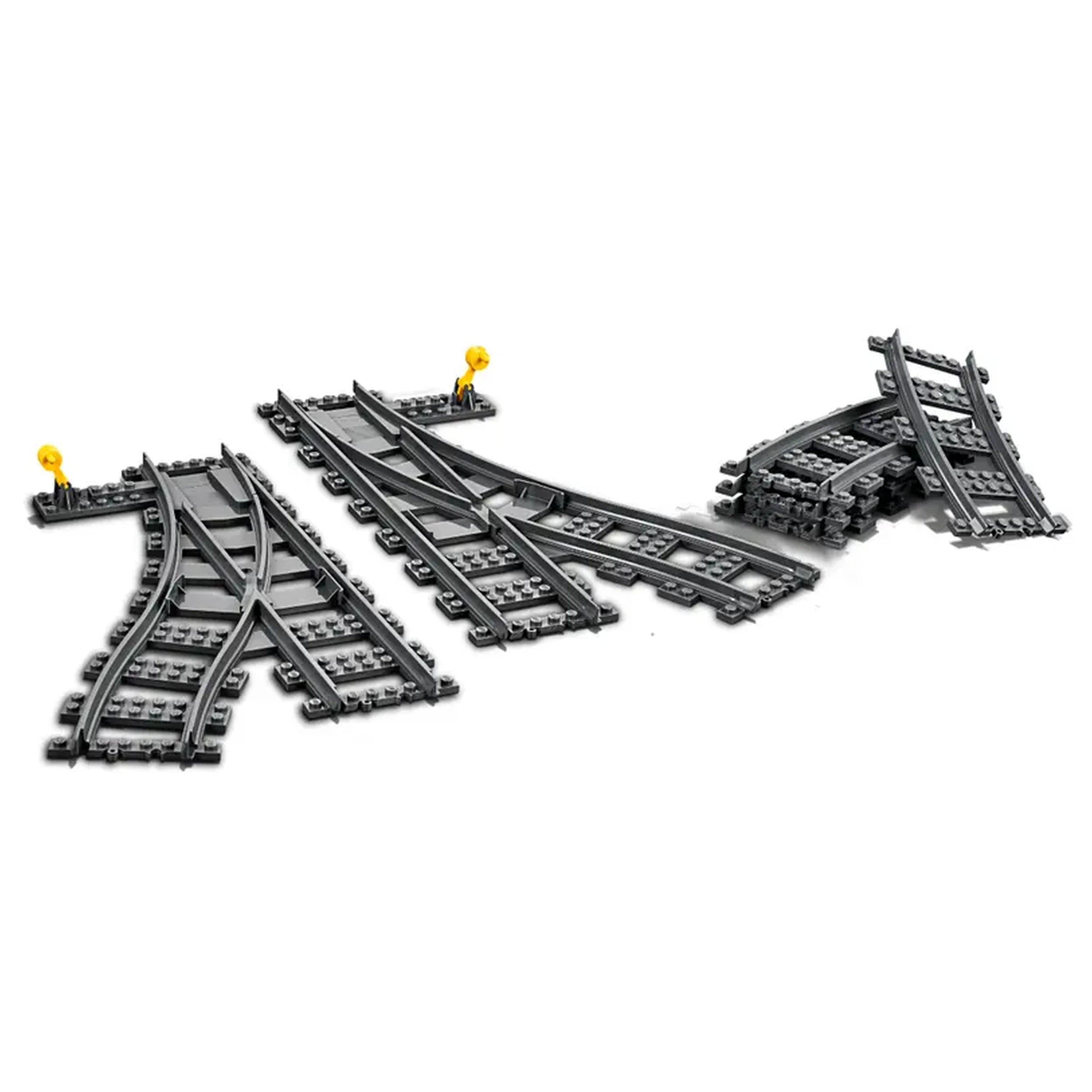 LEGO® City Switch Tracks set featuring four curved tracks, one right switch, one left switch, and two signal posts in a dynamic layout.