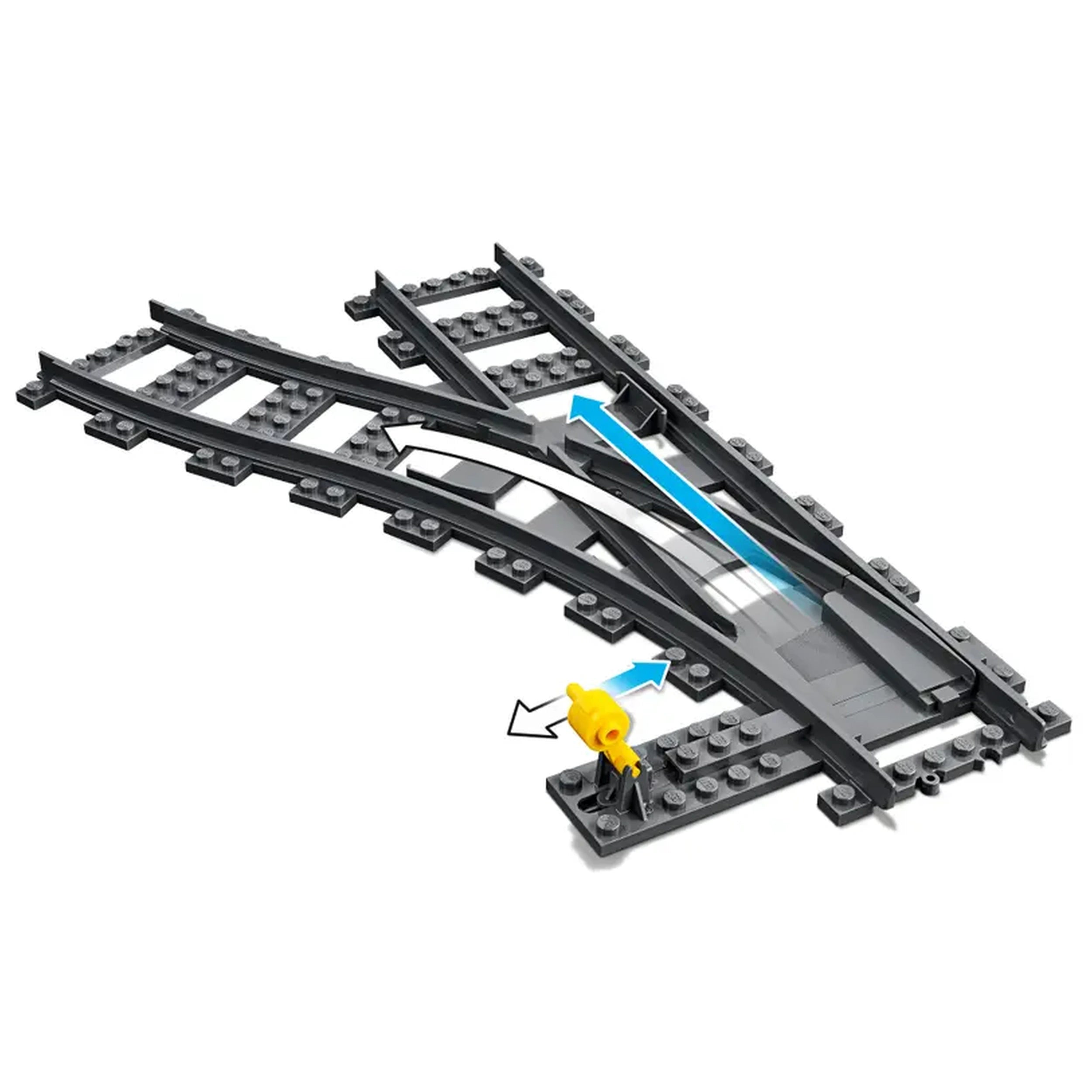 LEGO® City Switch Tracks construction set featuring one right-facing and one left-facing switch track, along with four curved tracks, all in black and gray. The yellow switch mechanism is prominently displayed.