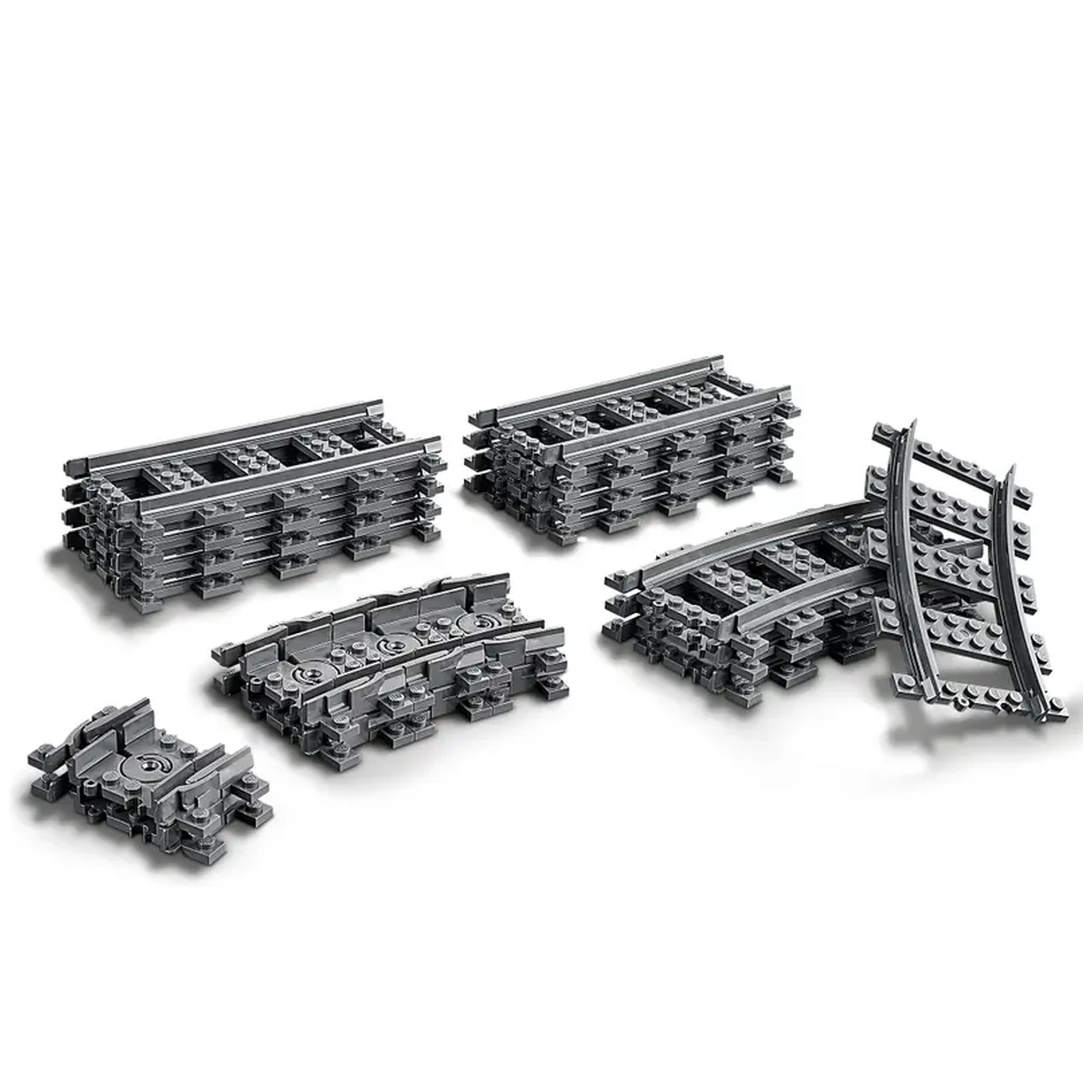 LEGO City Tracks Construction Set featuring various pieces: 8 straight, 4 curved, and 8 flexible tracks in gray, designed for creative train layouts.