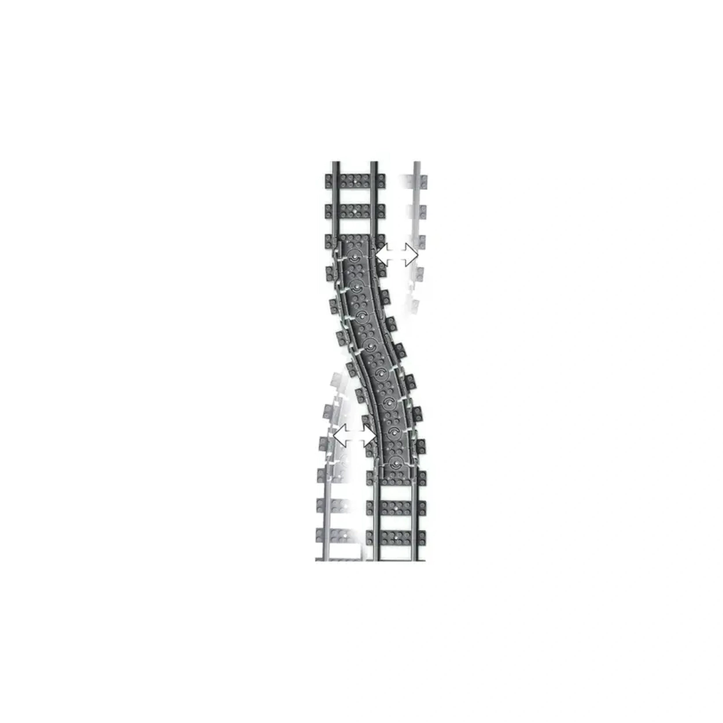 Curved LEGO train tracks arranged in a flexible layout, featuring gray and black colors with connectors for easy assembly.