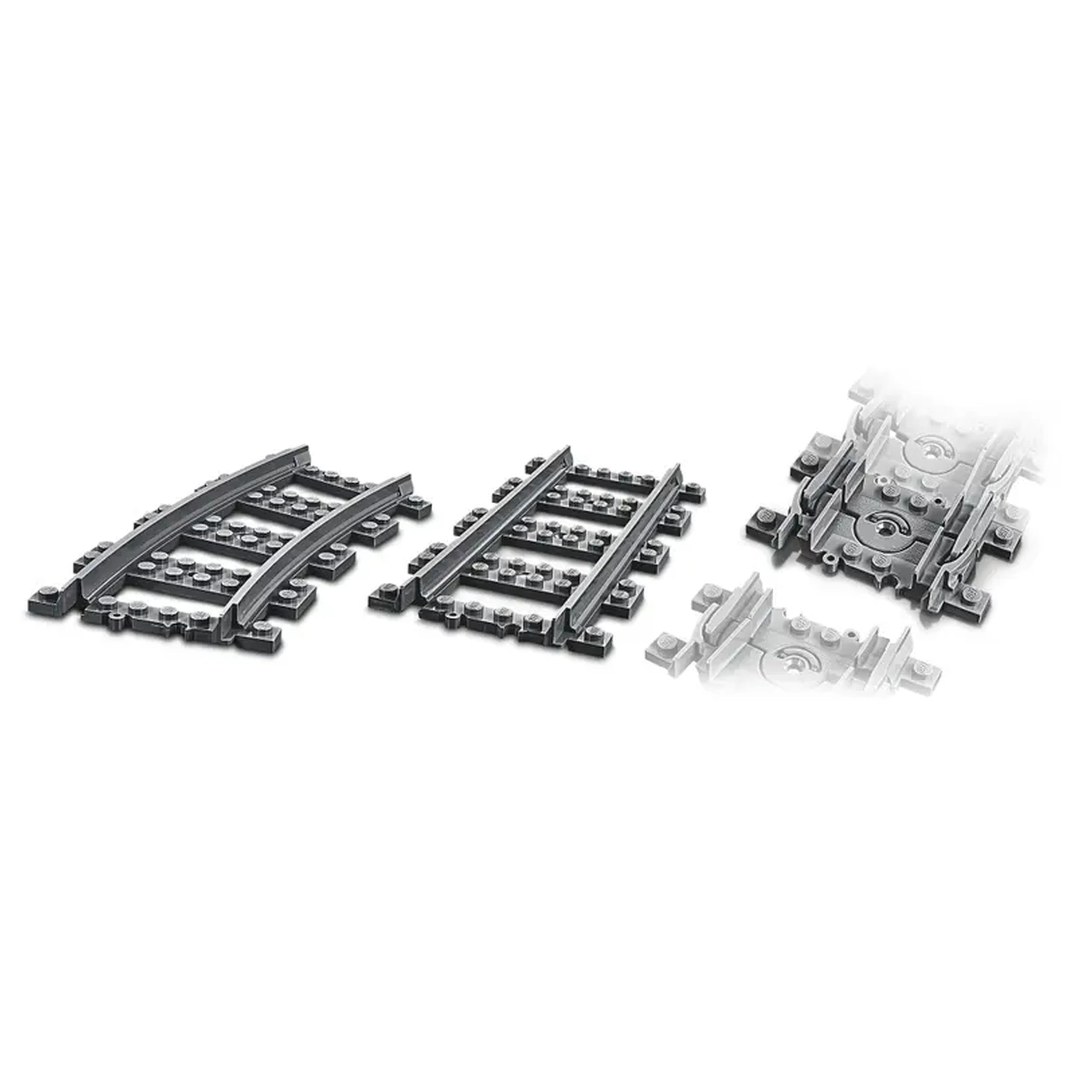 Curved and straight LEGO train tracks in gray, showcasing a variety of flexible pieces for creative layouts in a LEGO City.