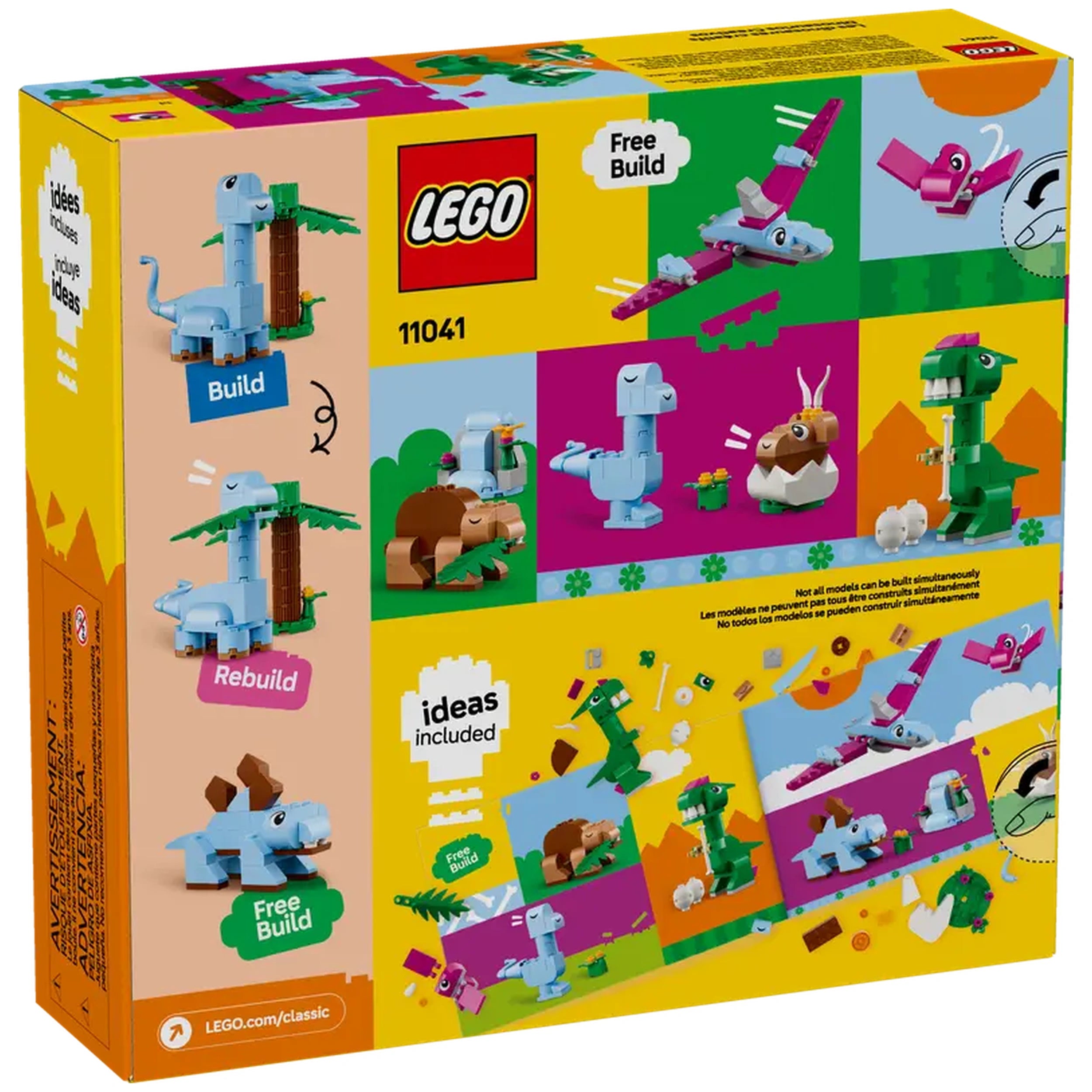 Colorful LEGO® Classic Creative Dinosaurs construction set packaging featuring various dinosaur models, a palm tree, and icons for building ideas.