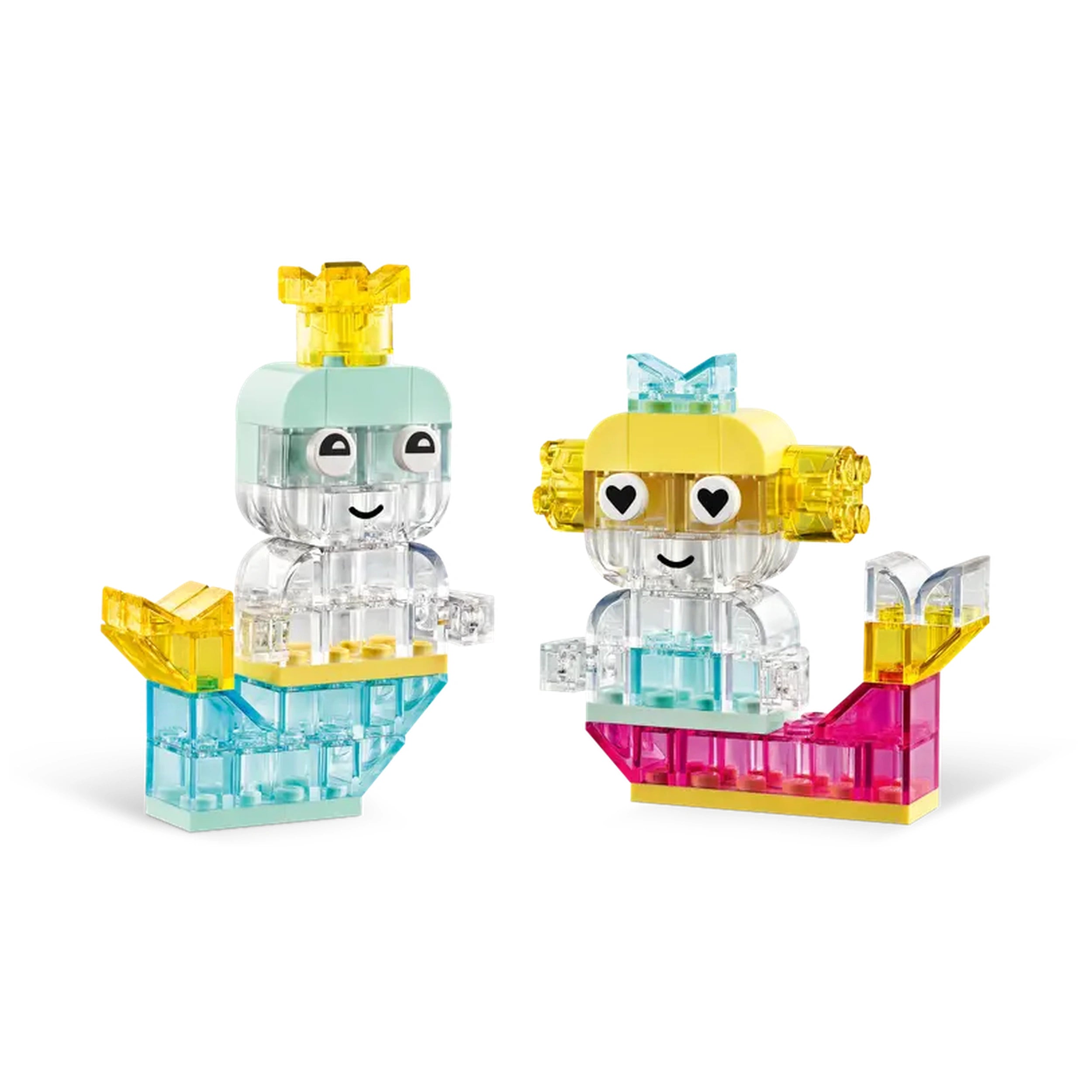 Two colorful LEGO® mermaid figures with translucent elements, featuring a blue and yellow color scheme on small bases.