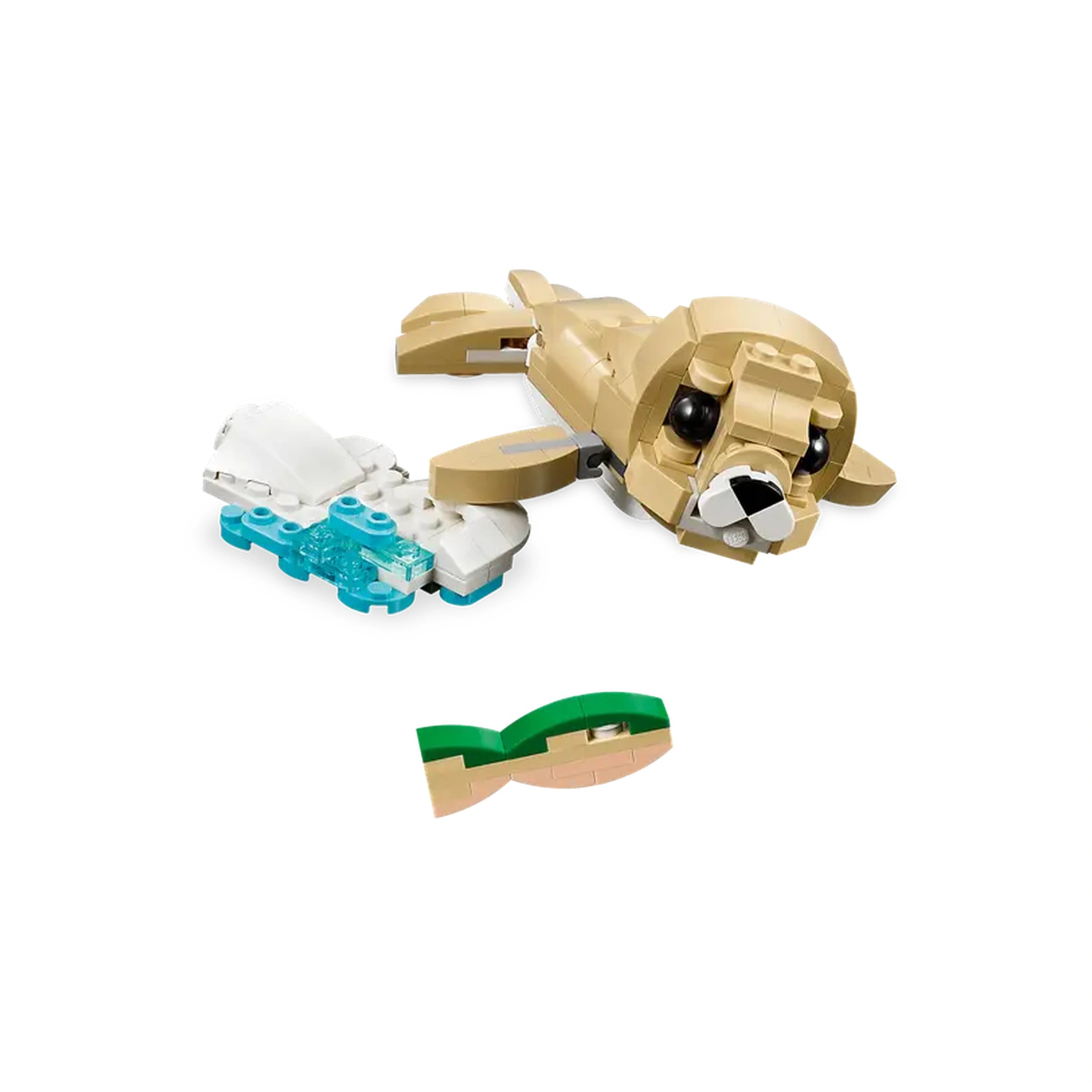 A tan LEGO® seal figure rests on a small ice sheet, with a fish piece nearby, showcasing its playful design and interactive features.