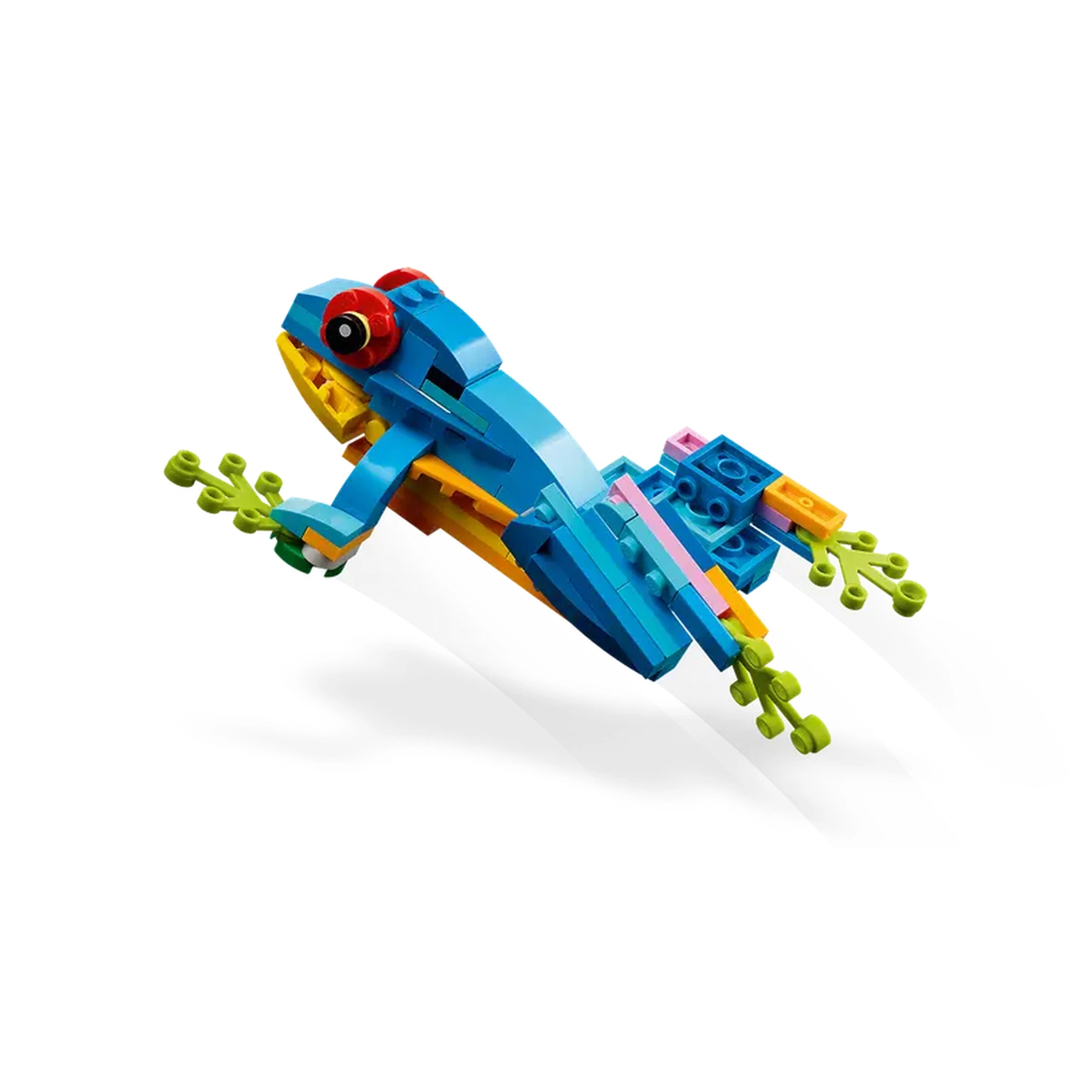 Colorful LEGO Creator 3in1 Exotic Parrot construction toy with vibrant blue, yellow, and red features, perched on a green leafy branch.