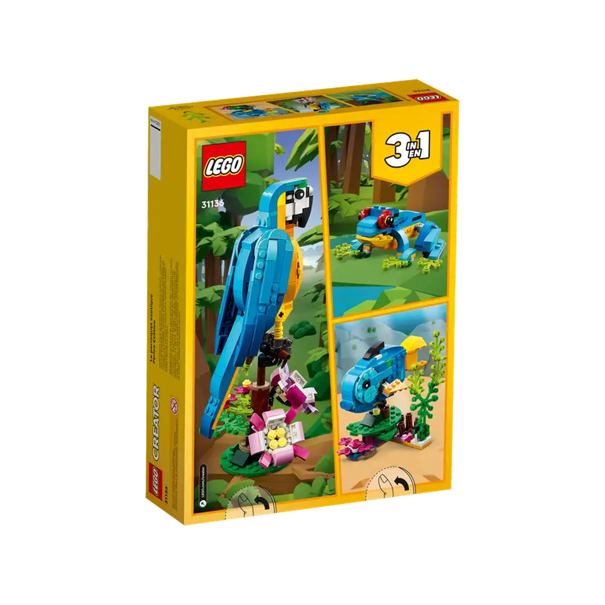 LEGO® Creator 3in1 Exotic Parrot construction set showcasing a vibrant blue parrot perched on a green branch with flowers, alongside images of a frog and fish models.