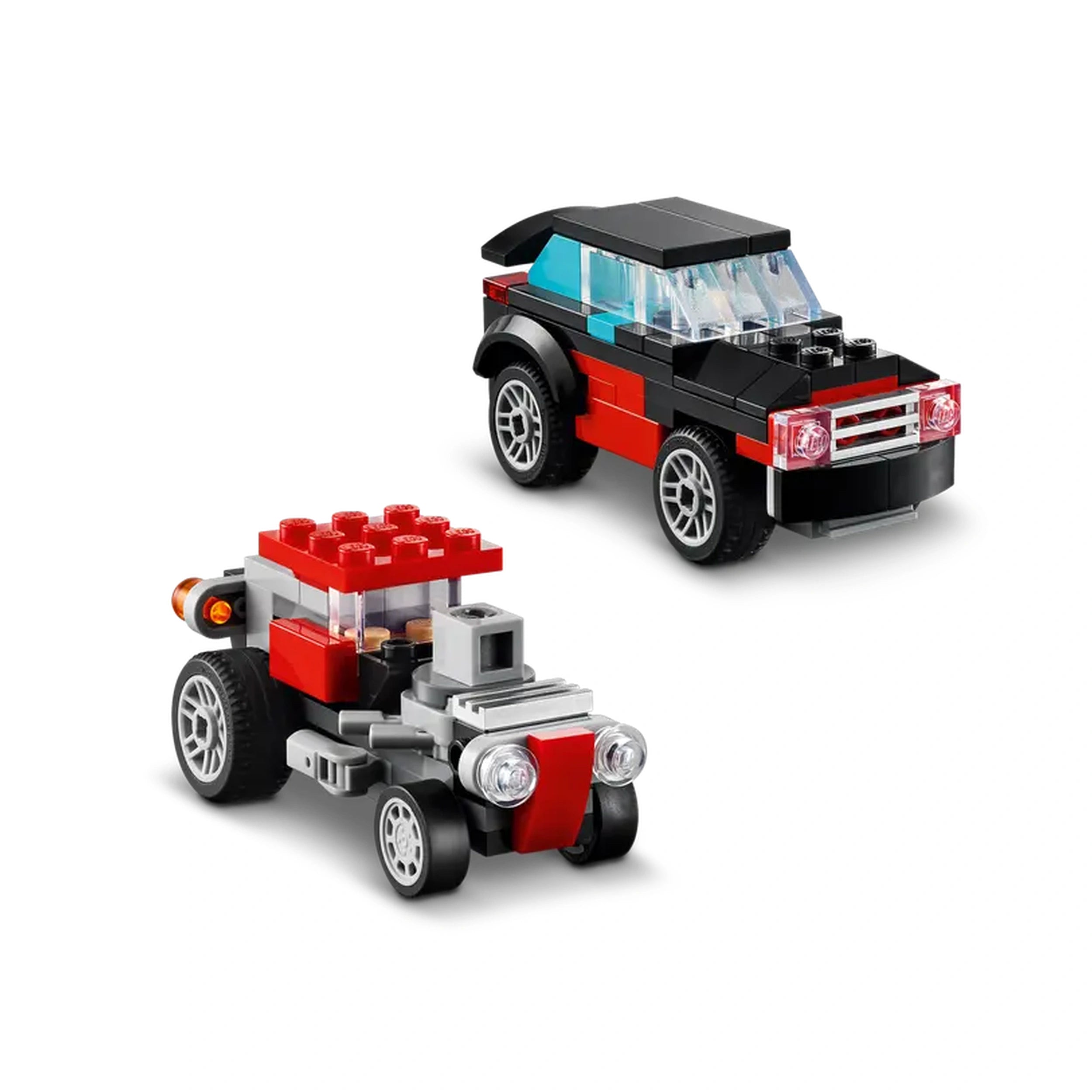 Two LEGO® Creator cars in black, red, and gray. The larger vehicle has a sleek design with transparent windows, while the smaller car features a vibrant red top and detailed headlights, showcasing creative building elements.